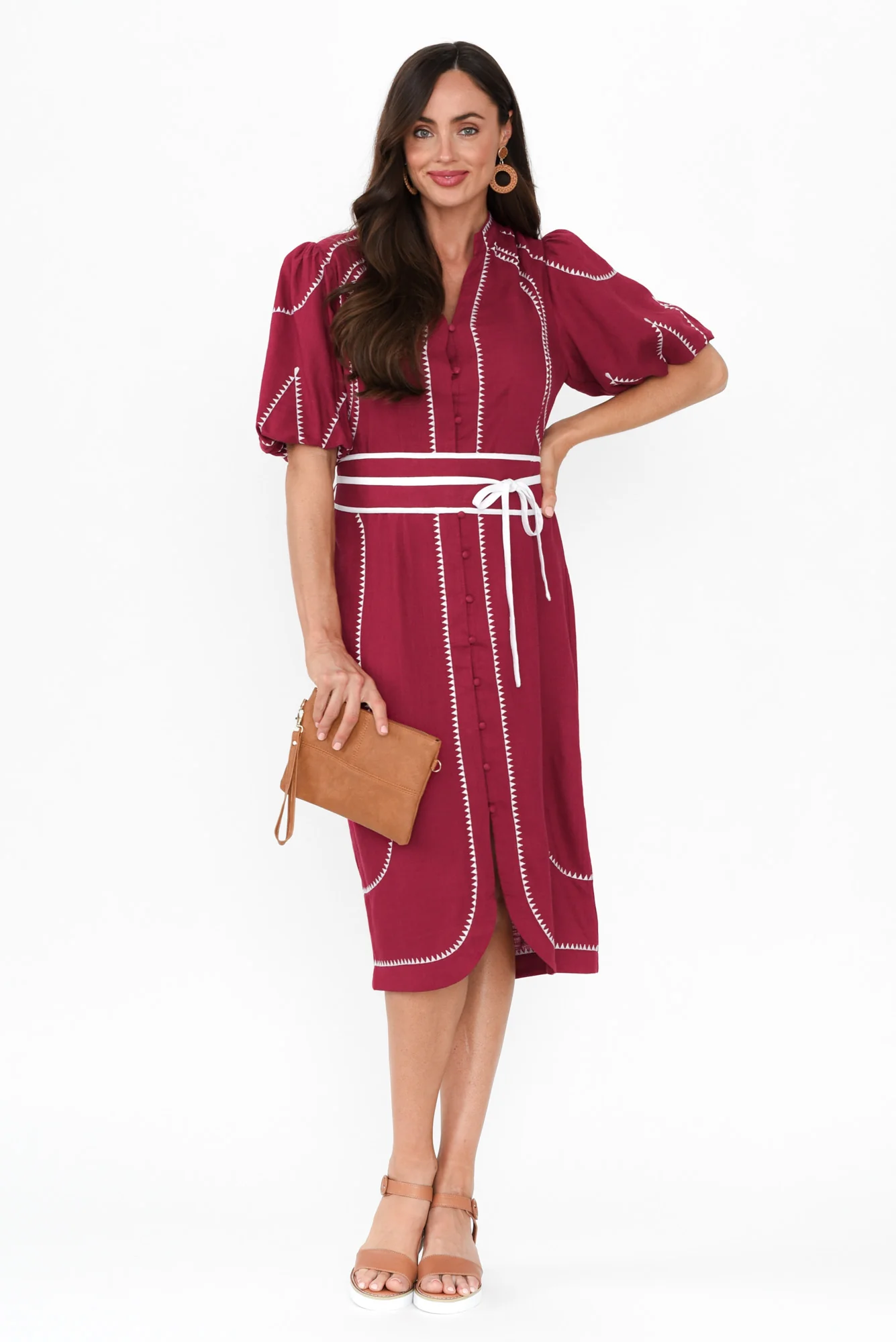 Carlyle Crimson Embroidered Linen Blend Dress - Image 8