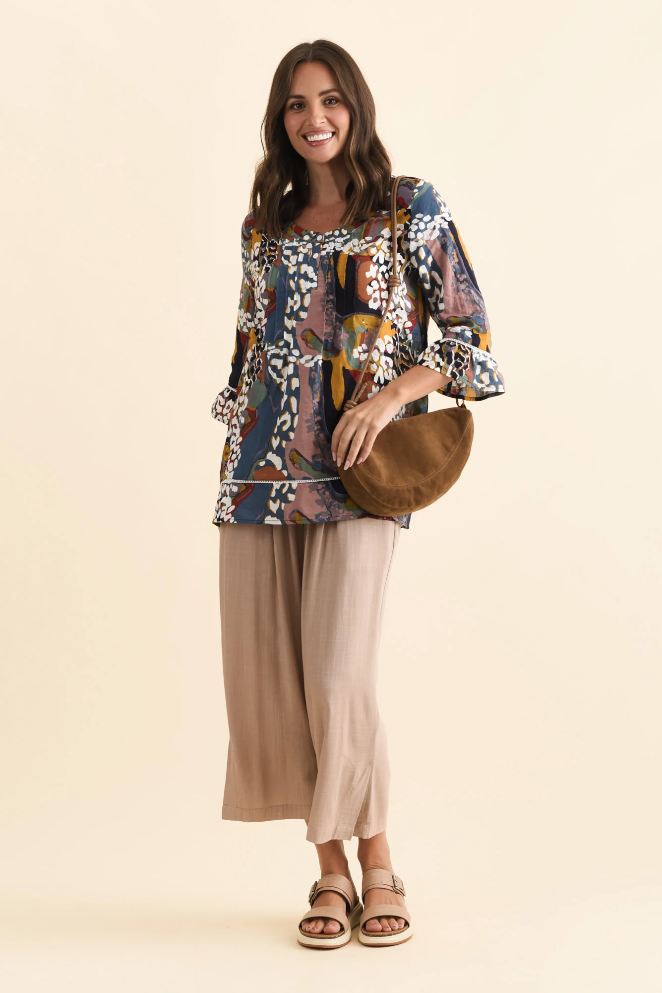 Cassidy Brown Abstract Cotton Sleeved Top - Image 2