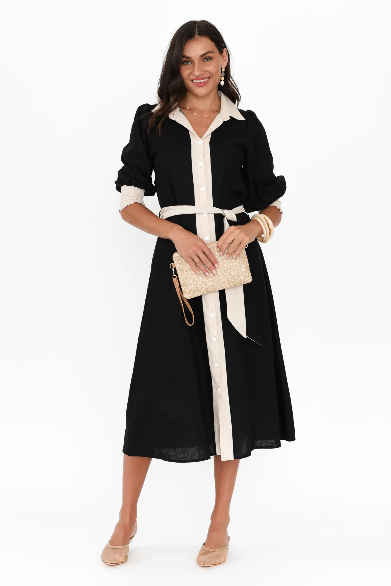 Catalina Black Trim Linen Blend Tie Dress - Image 2