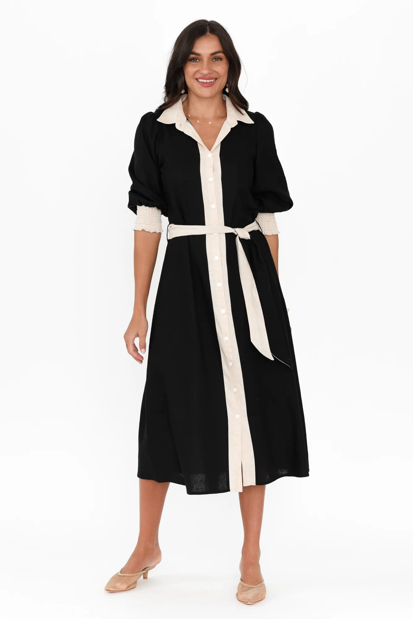 Catalina Black Trim Linen Blend Tie Dress - Image 3