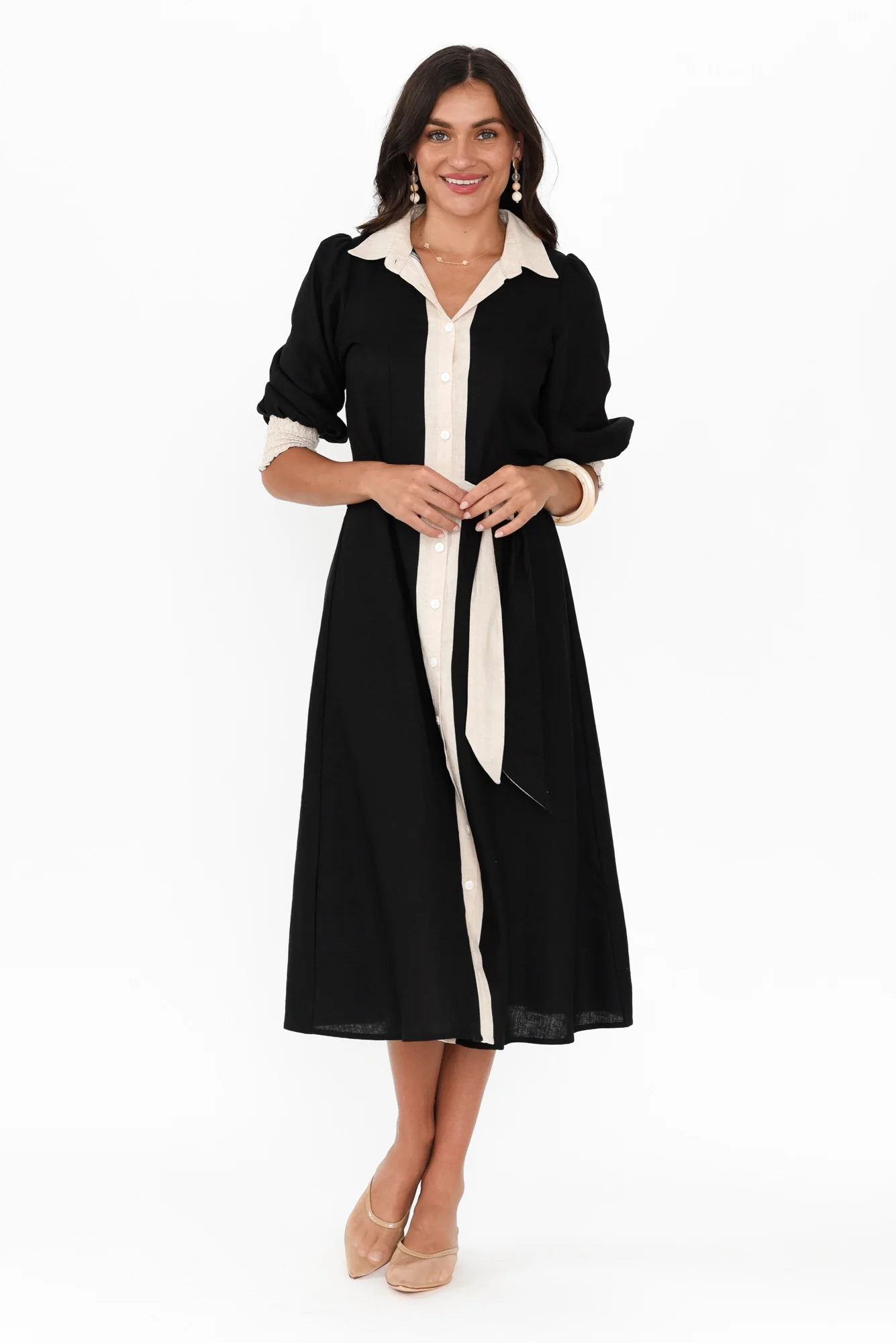 Catalina Black Trim Linen Blend Tie Dress - Image 7