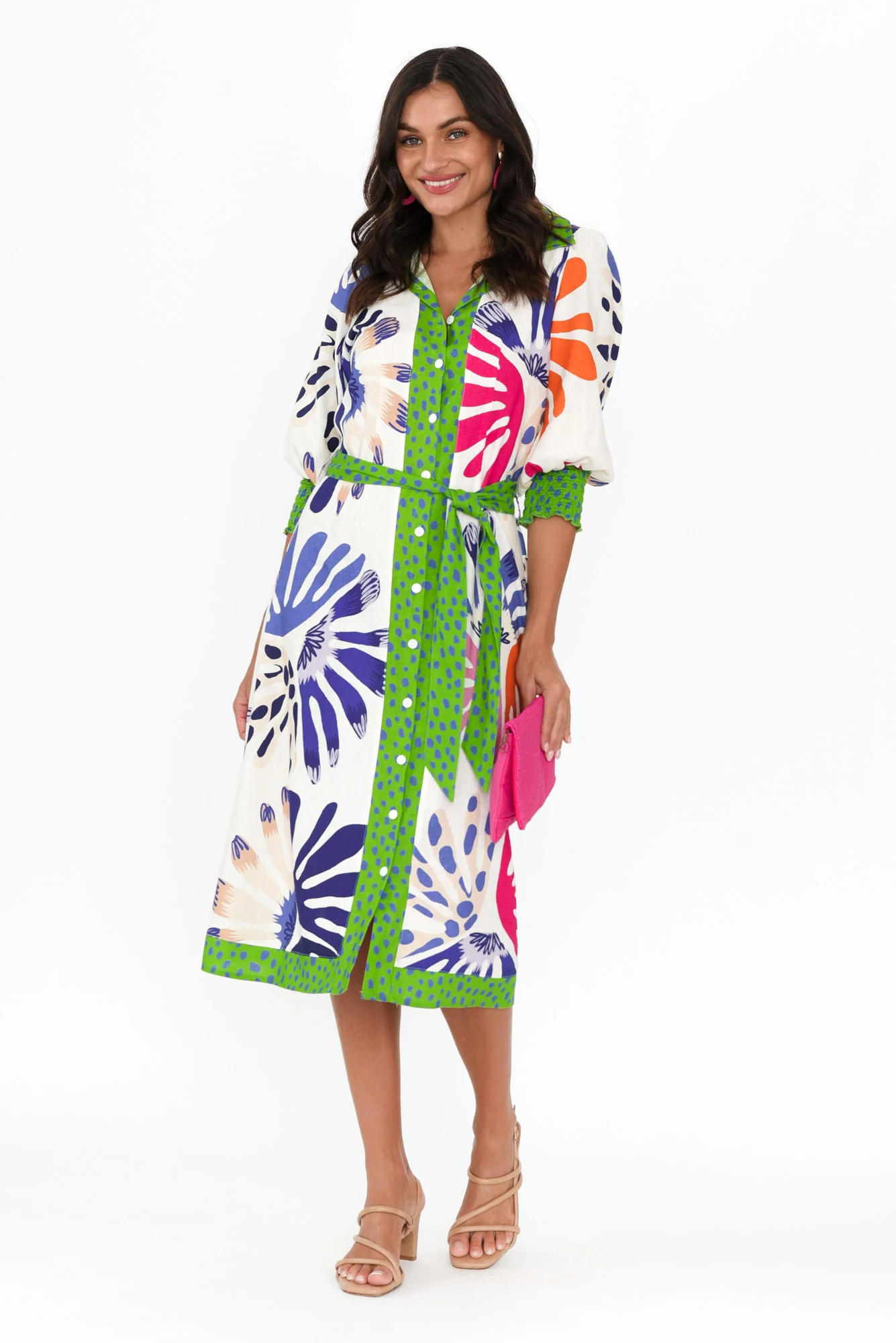 Catalina Cream Abstract Linen Blend Tie Dress - Image 2