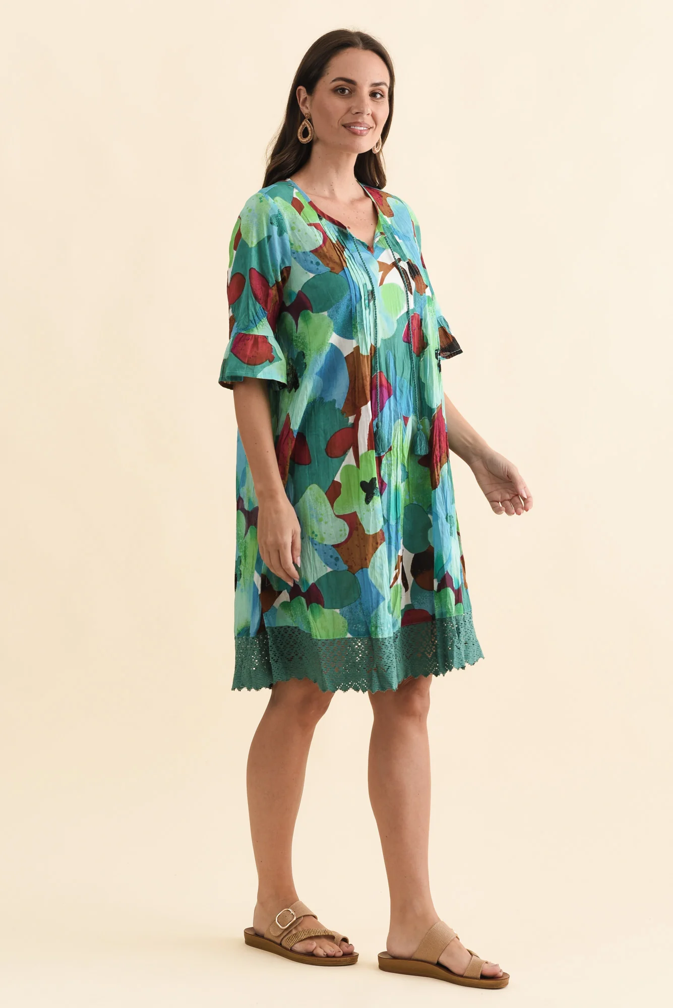 Cayman Teal Flower Cotton Tunic Dress - Image 3