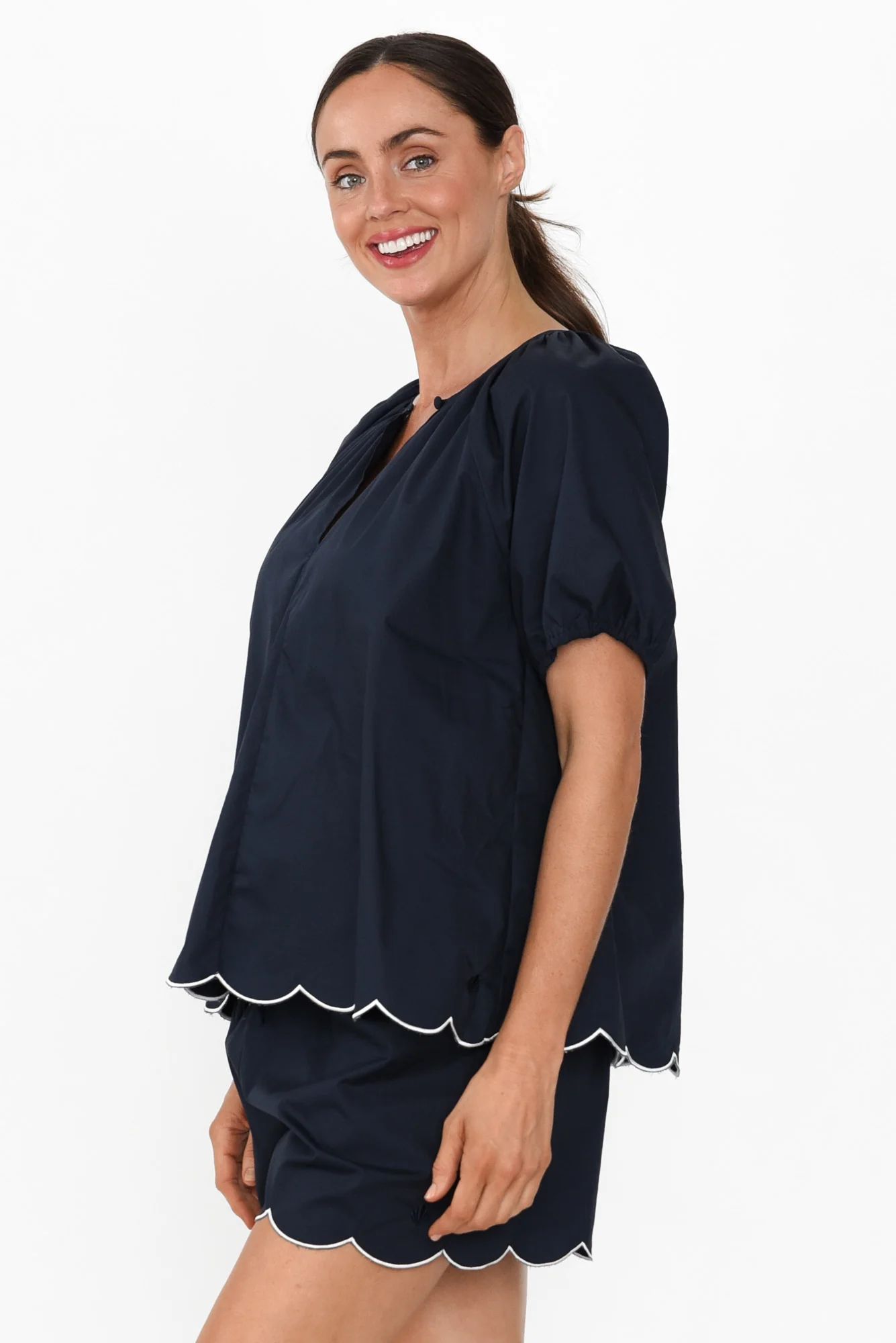 Celia Navy Cotton Pyjama Top - Image 3