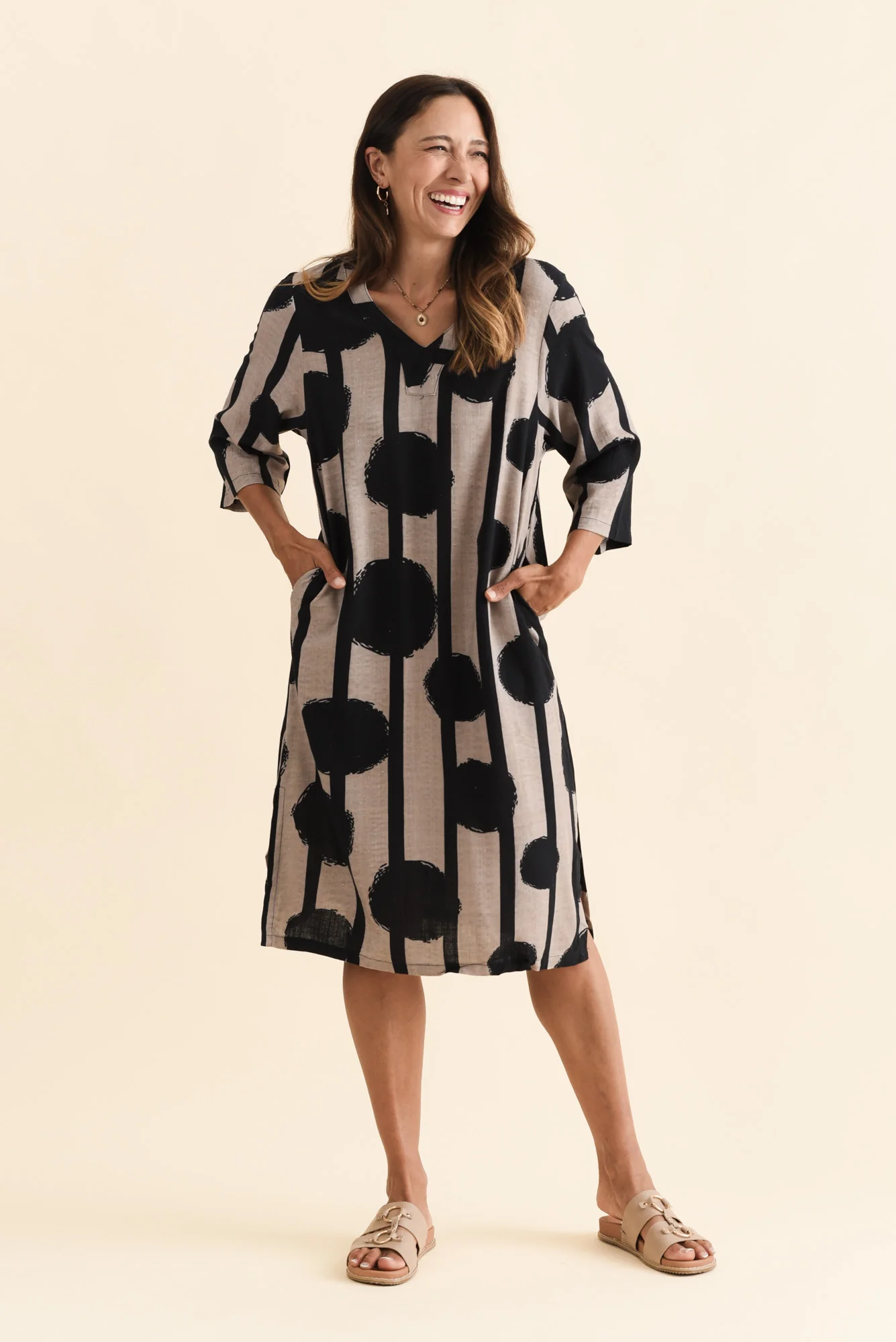 Celine Black Spot Linen Cotton Dress - Image 3