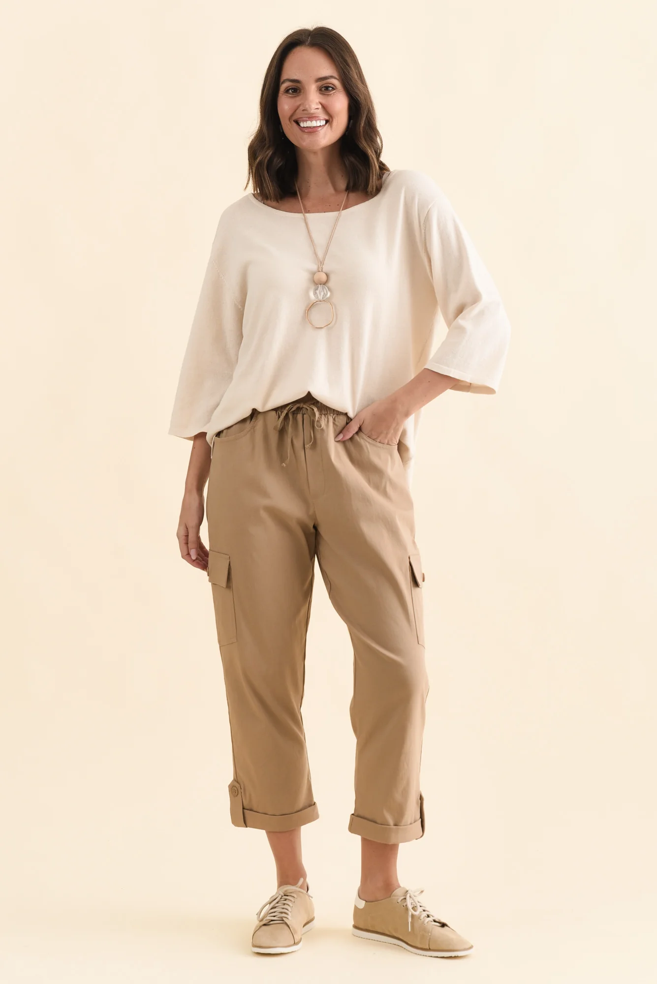 Cindy Beige Denim Cargo Pants - Image 6