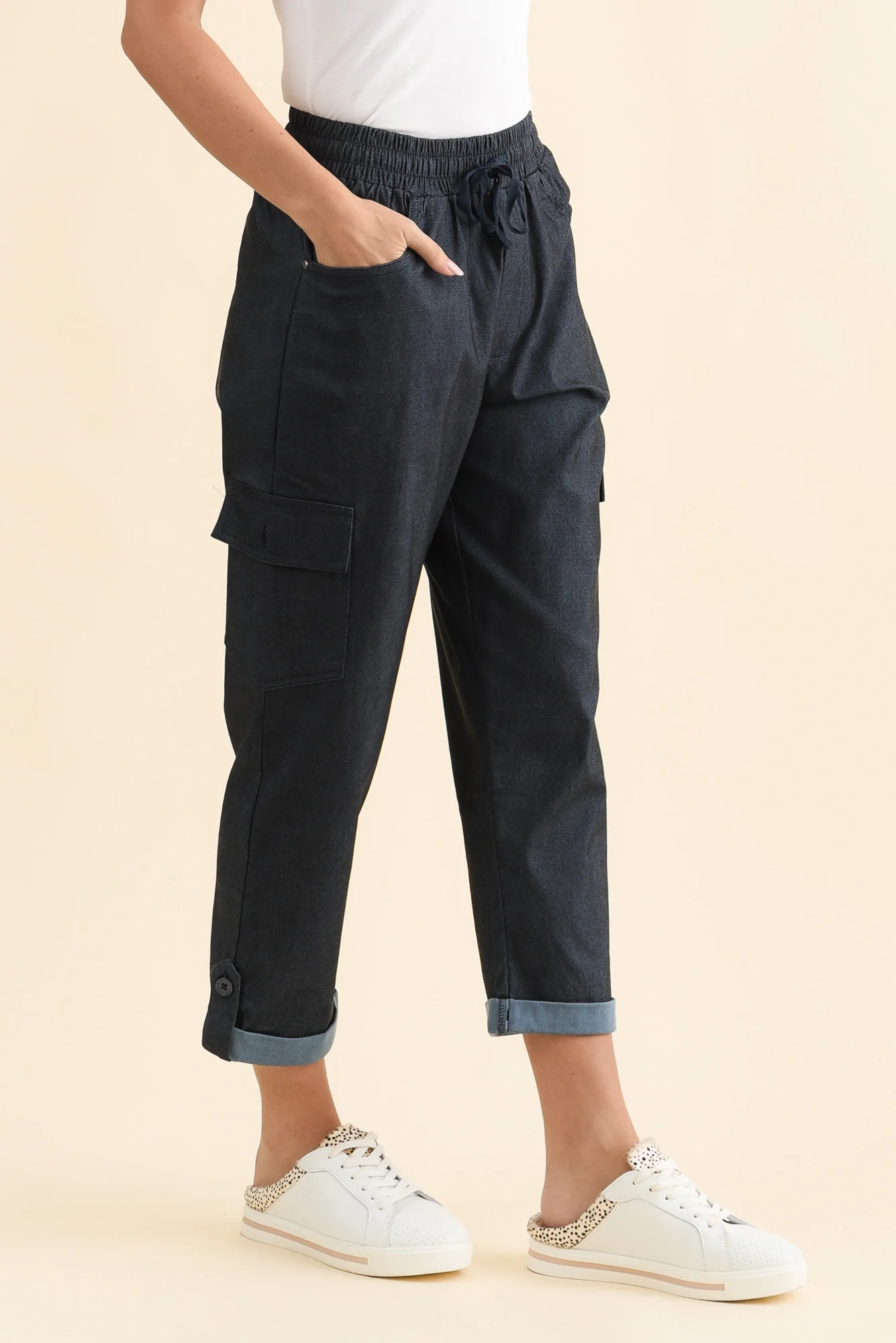 Cindy Dark Blue Denim Cargo Pants - Image 3