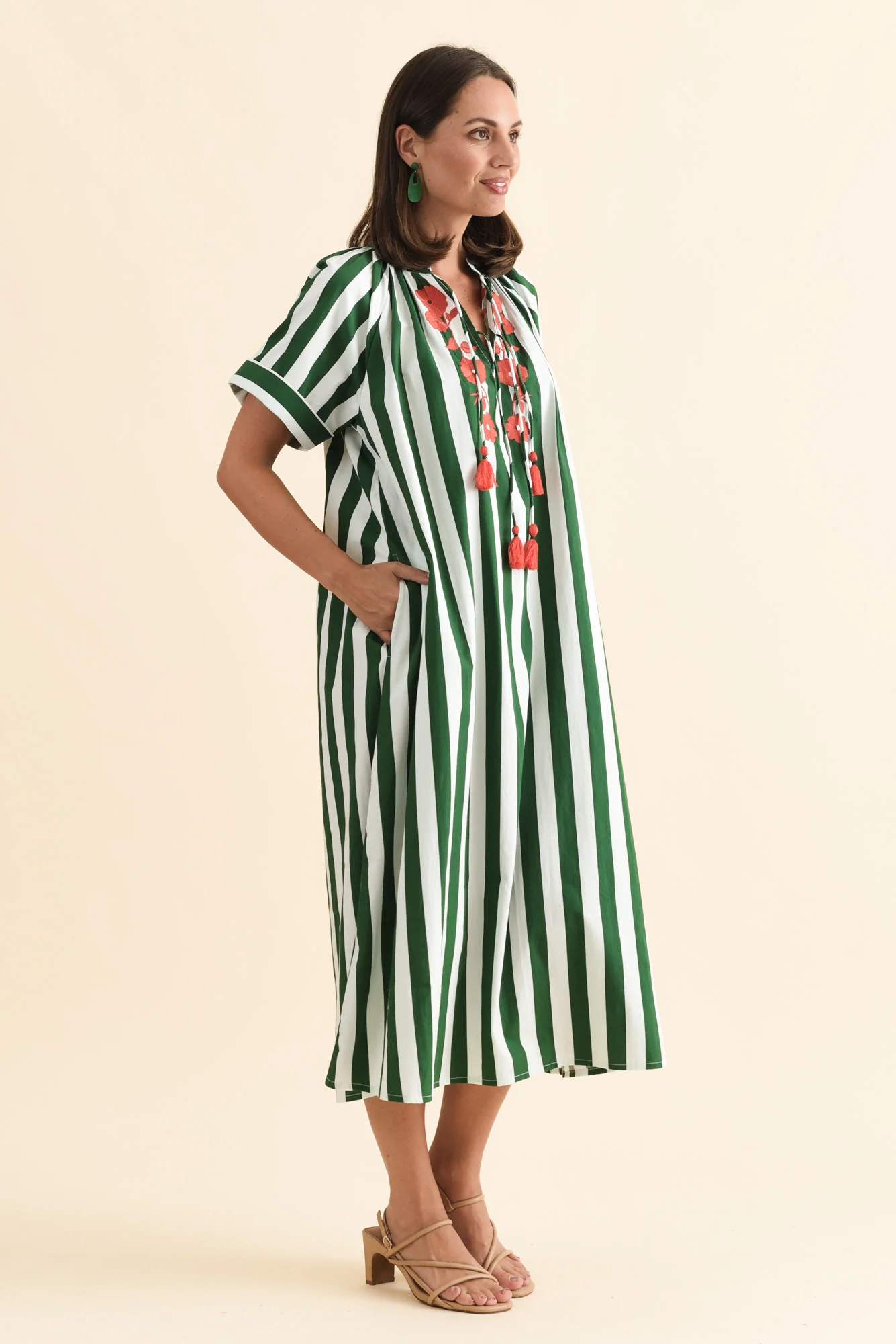 Claras Green Stripe Cotton Tie Dress - Image 3