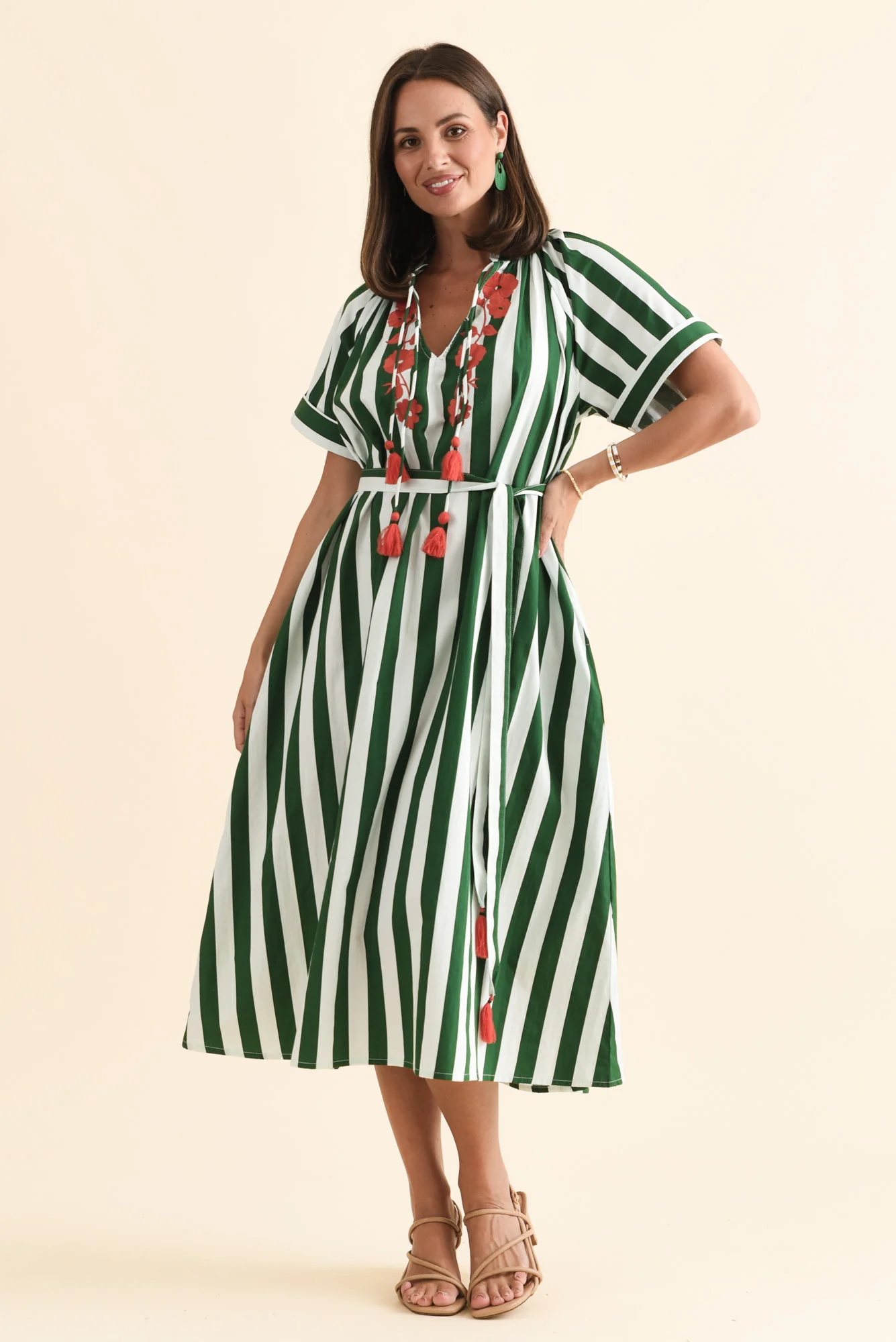 Claras Green Stripe Cotton Tie Dress - Image 6