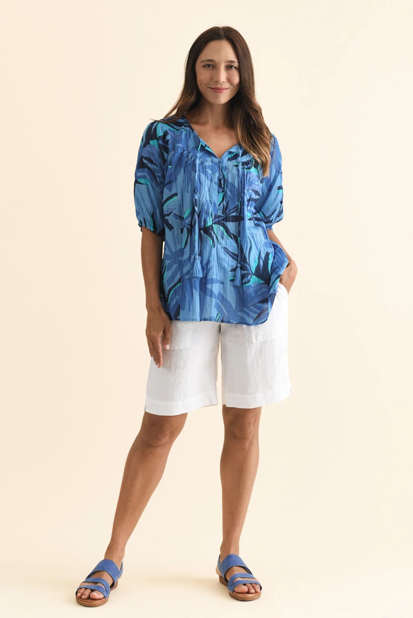 Claris Blue Leaf Crinkle Cotton Top - Image 2