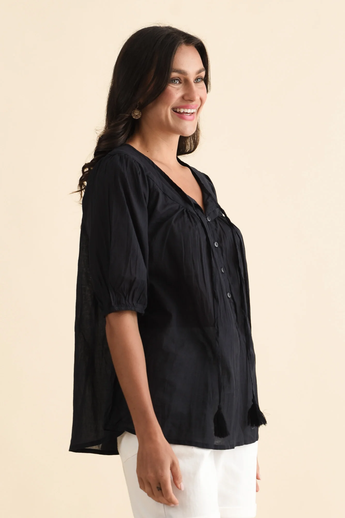 Claris Navy Crinkle Cotton Top - Image 3