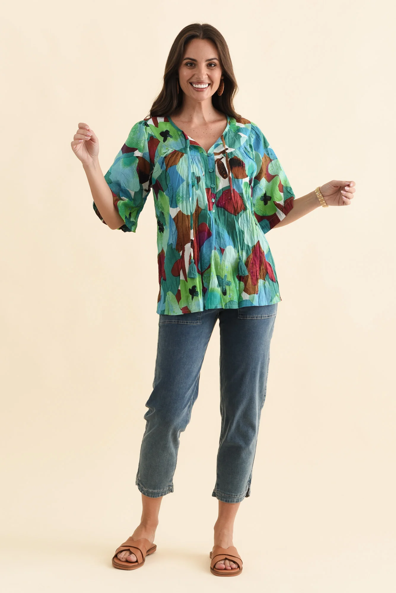 Claris Teal Flower Crinkle Cotton Top - Image 2