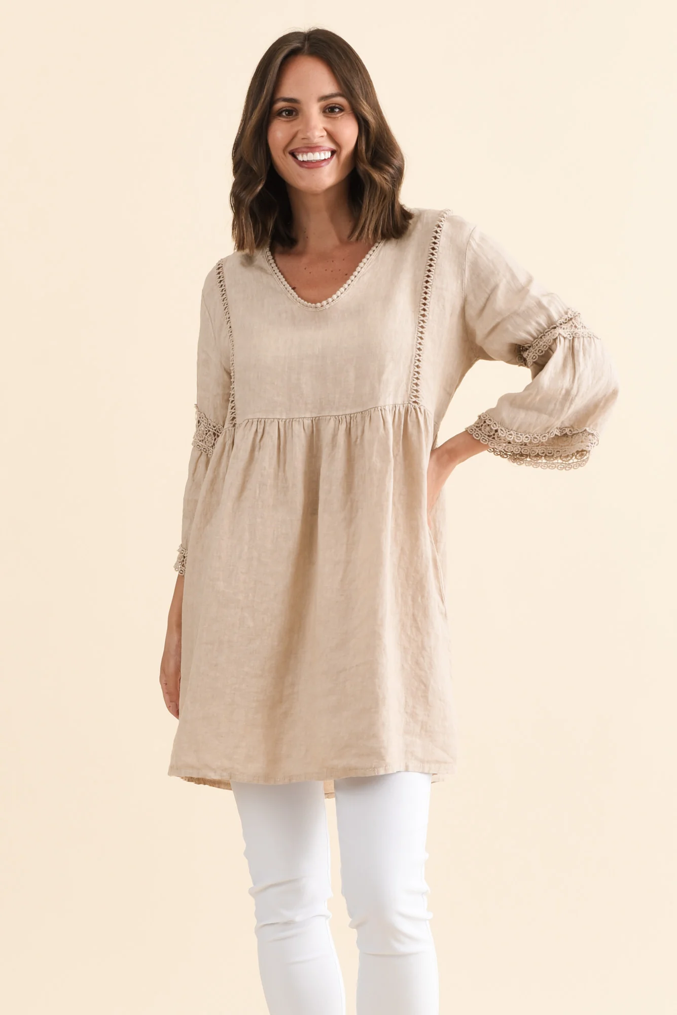 Conrad Beige Linen Lace Top