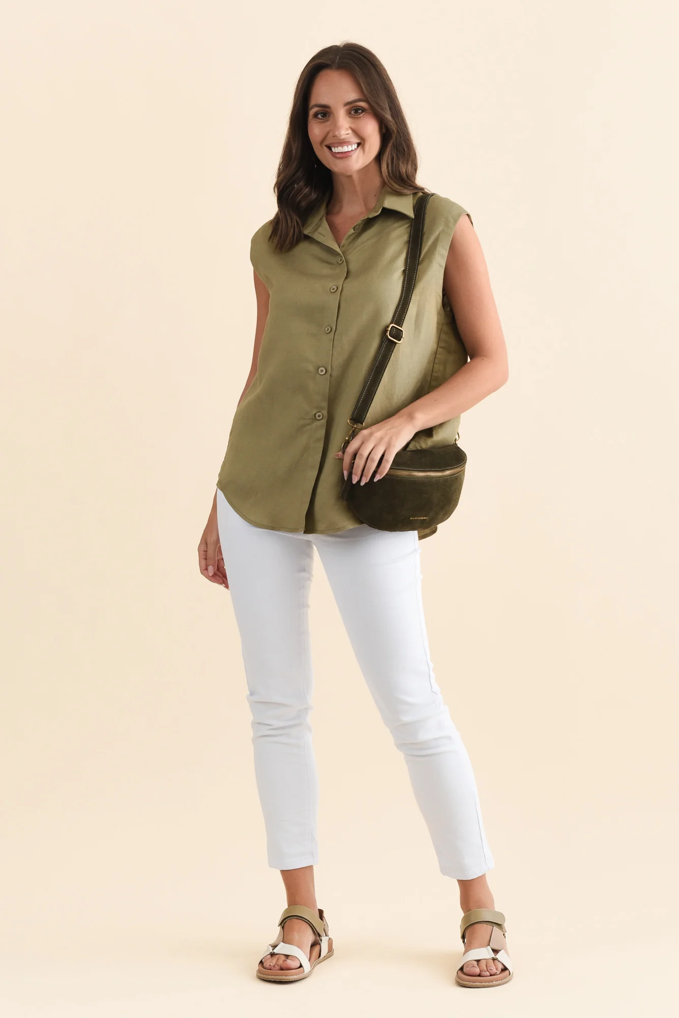 Corbin Khaki Linen Blend Button Top - Image 2