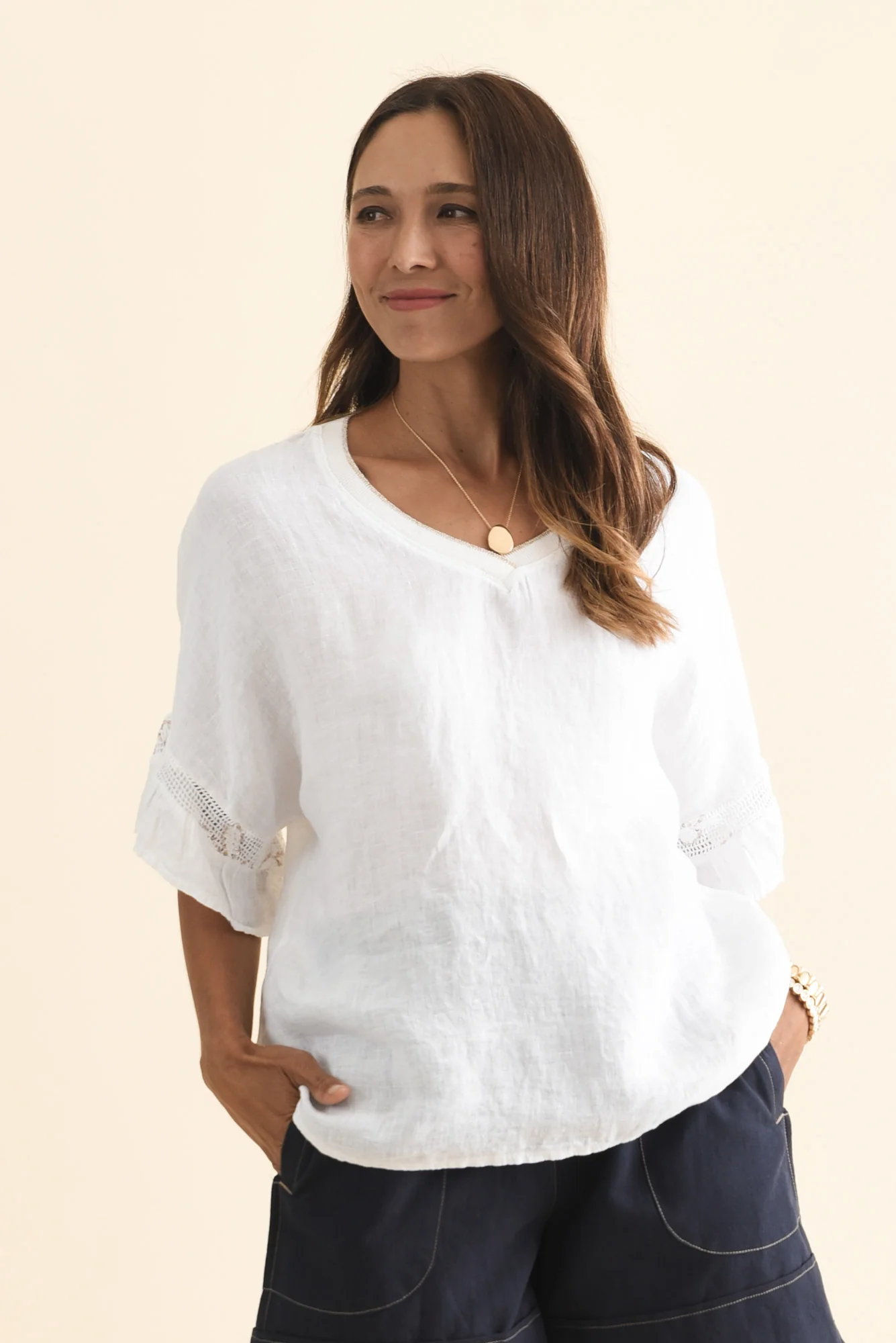 Corina White Linen V Neck Top