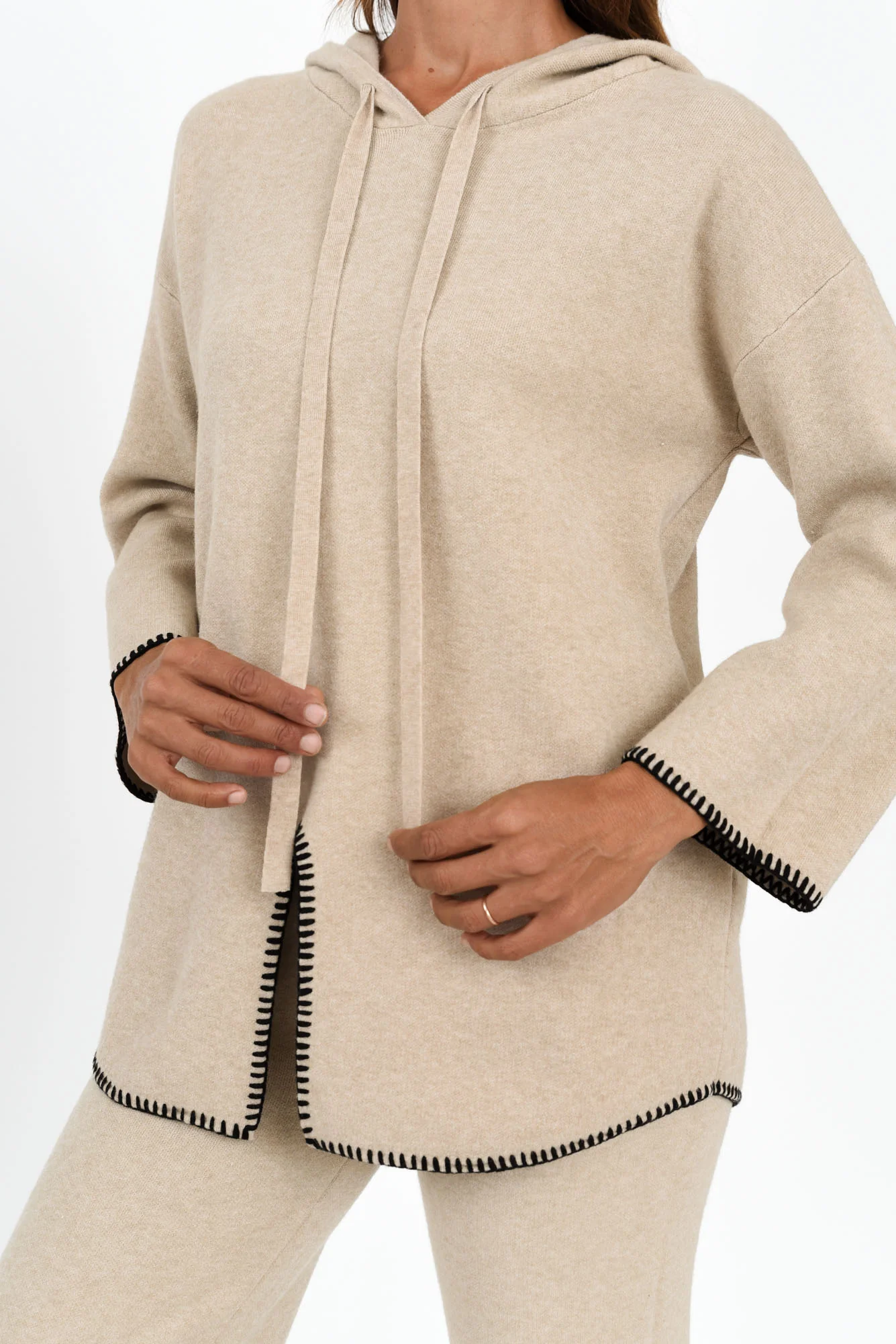Cosy Natural Contrast Hooded Knit Jumper - Image 5