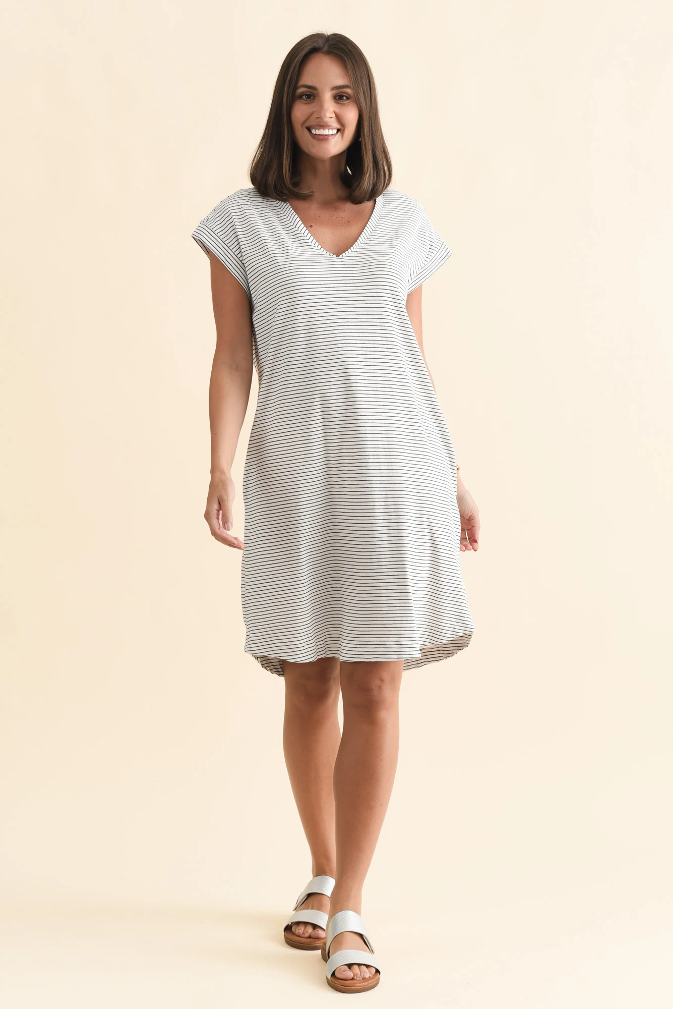 Daphne Black Stripe Cotton V Neck Dress - Image 2