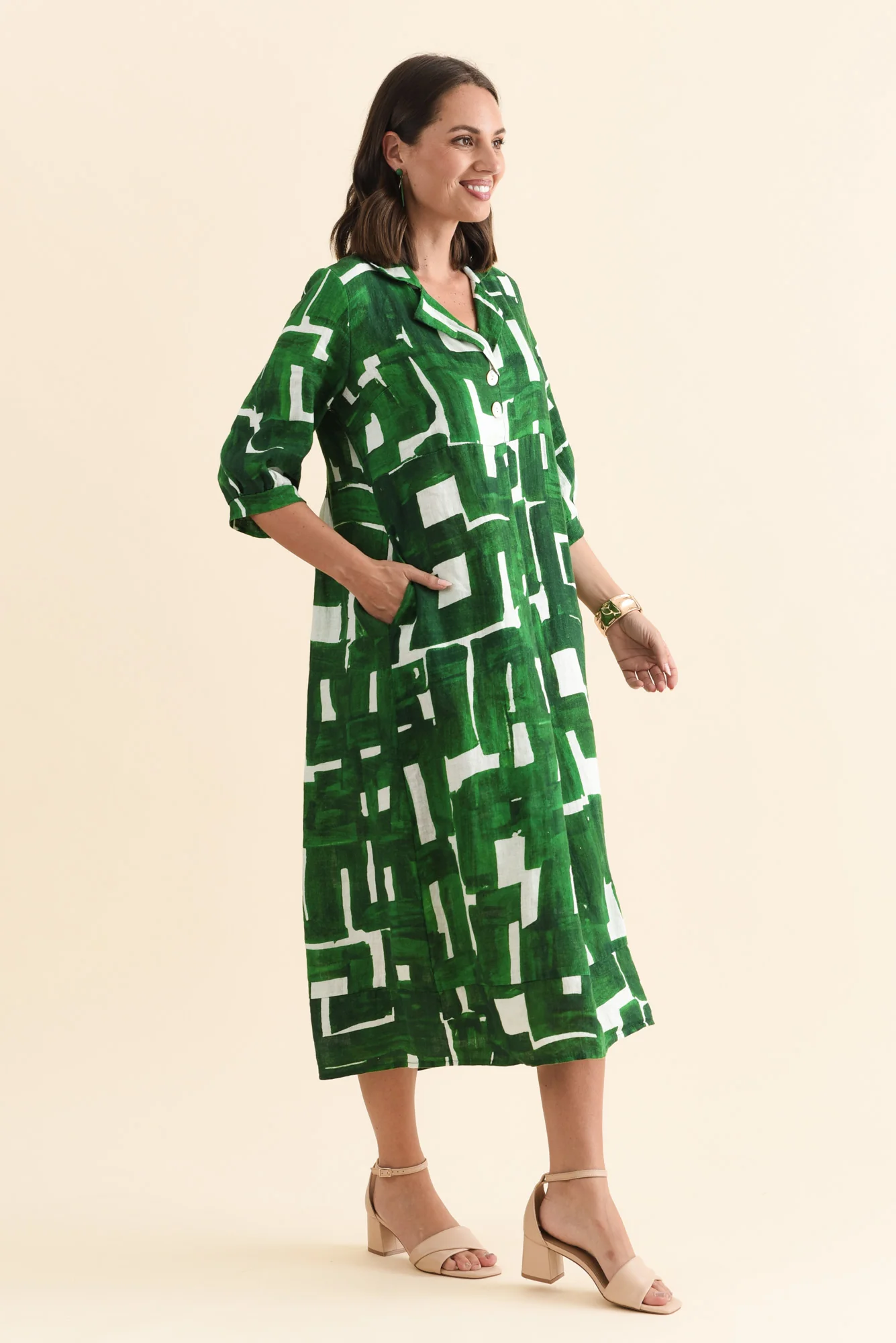 Daria Green Geo Linen Collared Dress - Image 3