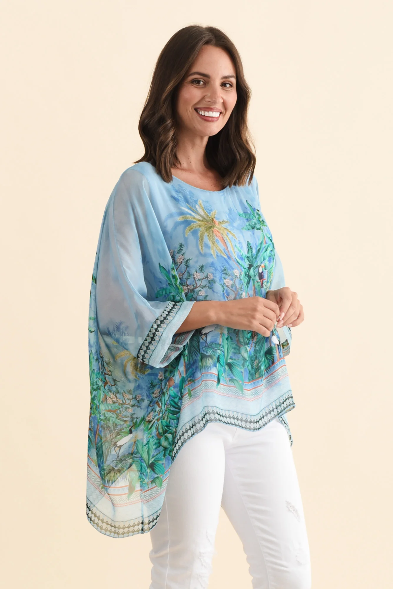 Dawn Blue Tropical Silk Overlay Top - Image 3