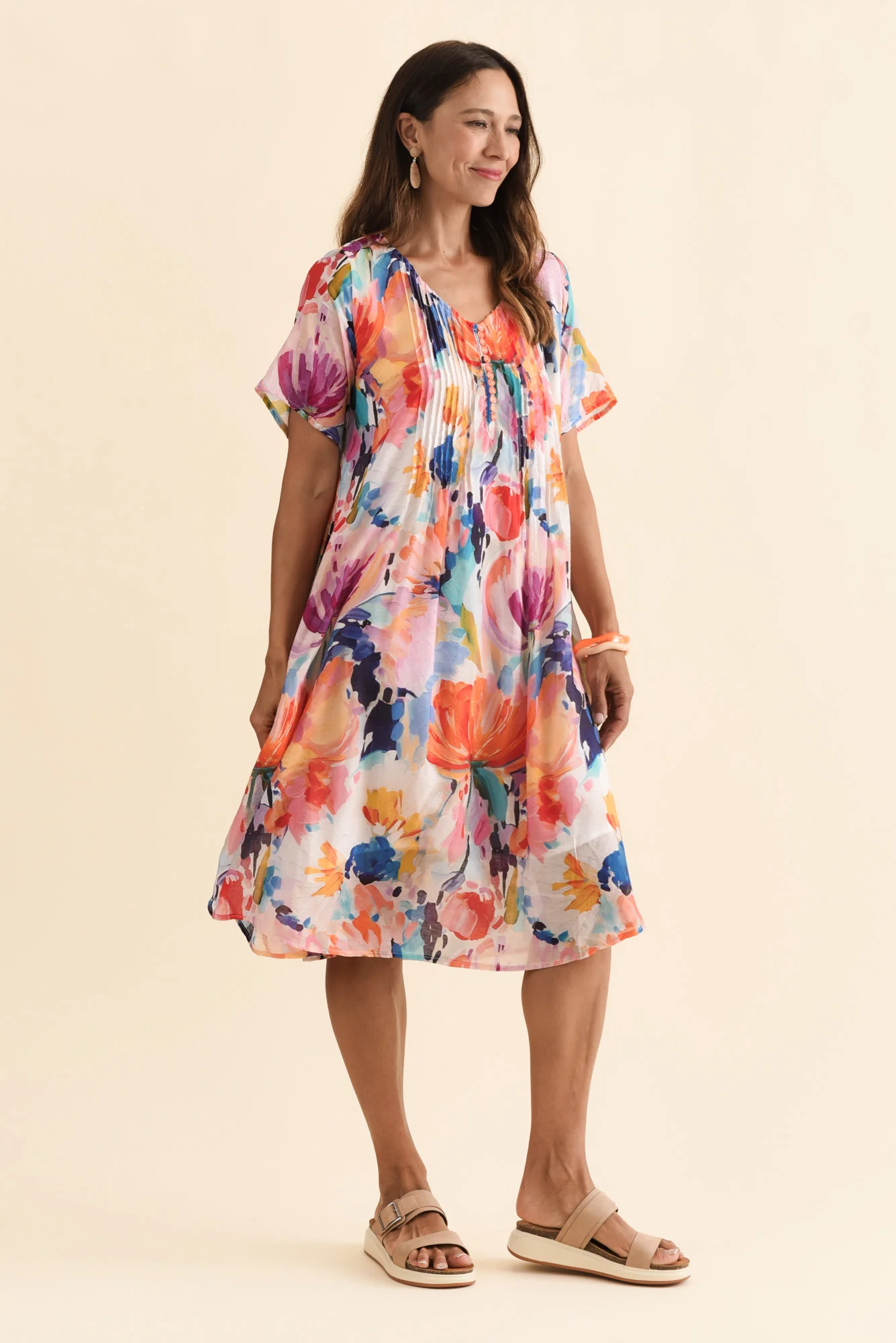 Debbie Orange Floral Pleated Dress - Image 3