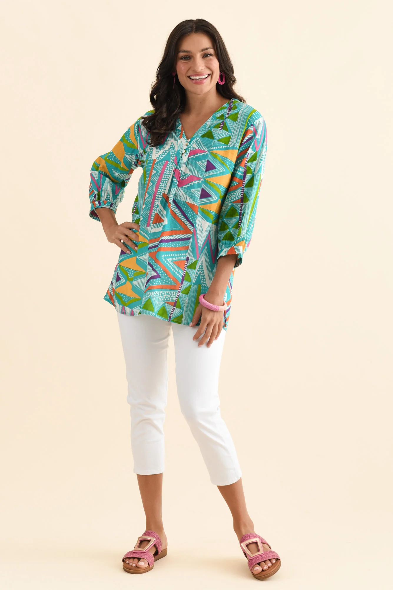 Derine Aqua Abstract Cotton Button Top - Image 2