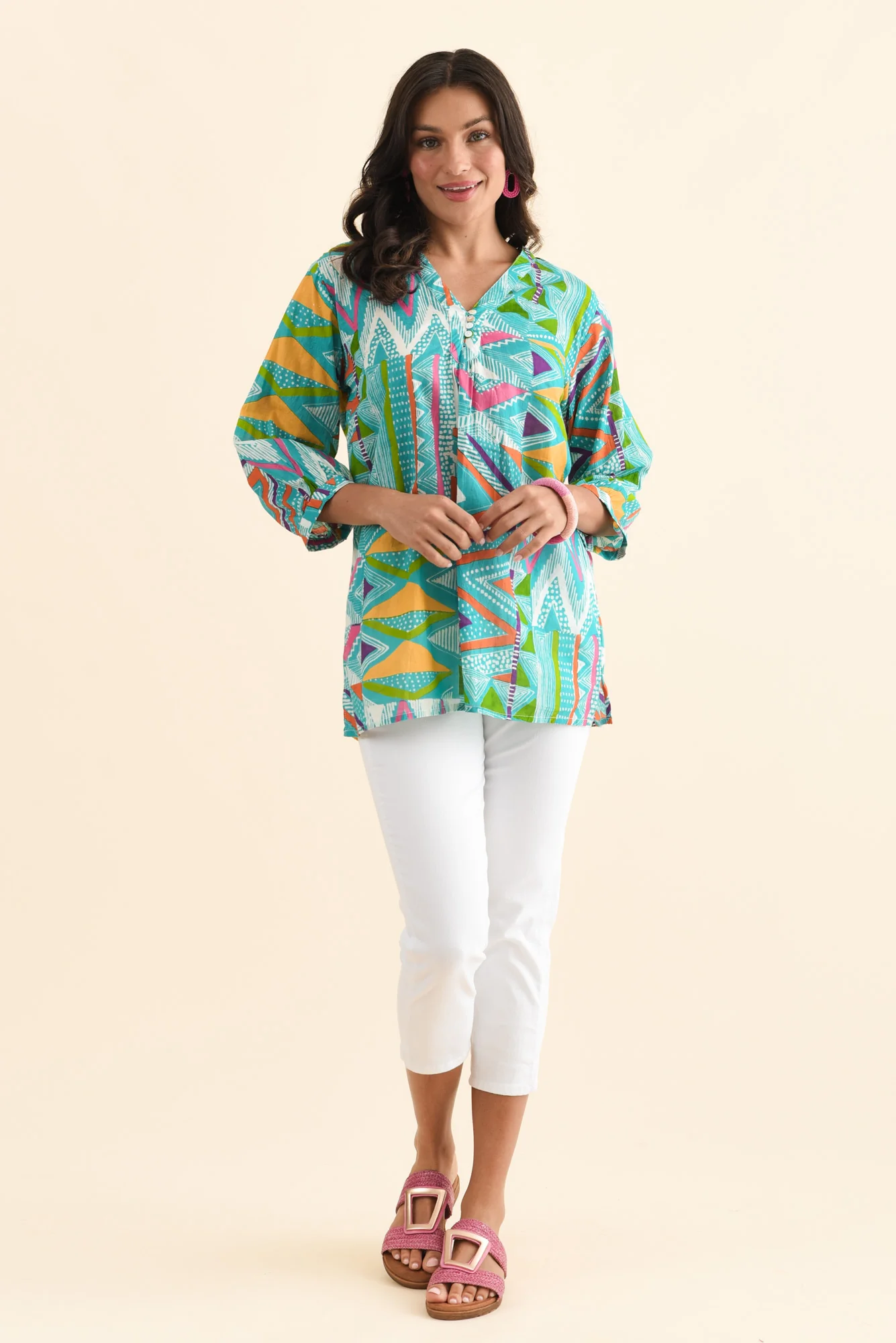 Derine Aqua Abstract Cotton Button Top - Image 6