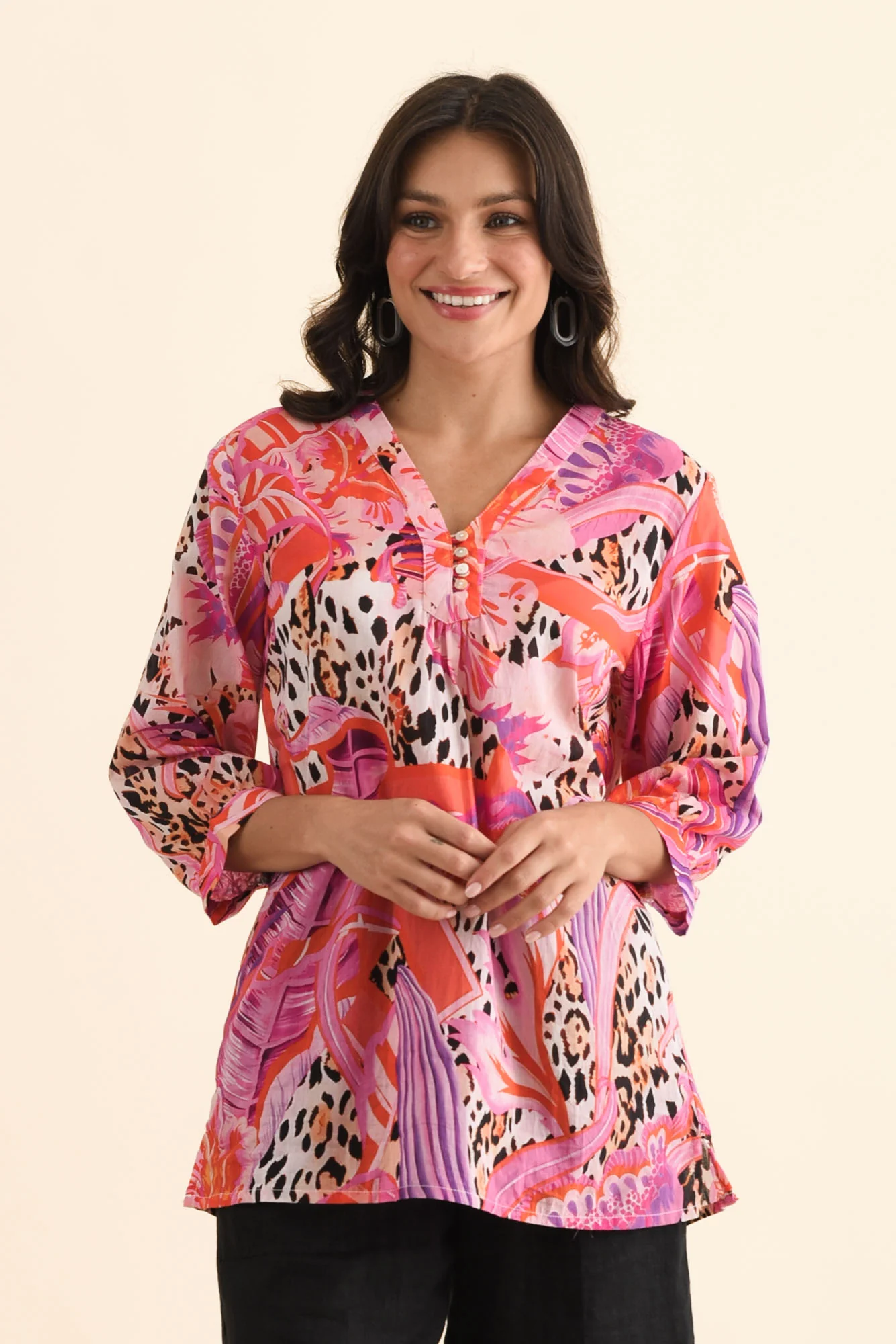 Derine Pink Leopard Cotton Button Top