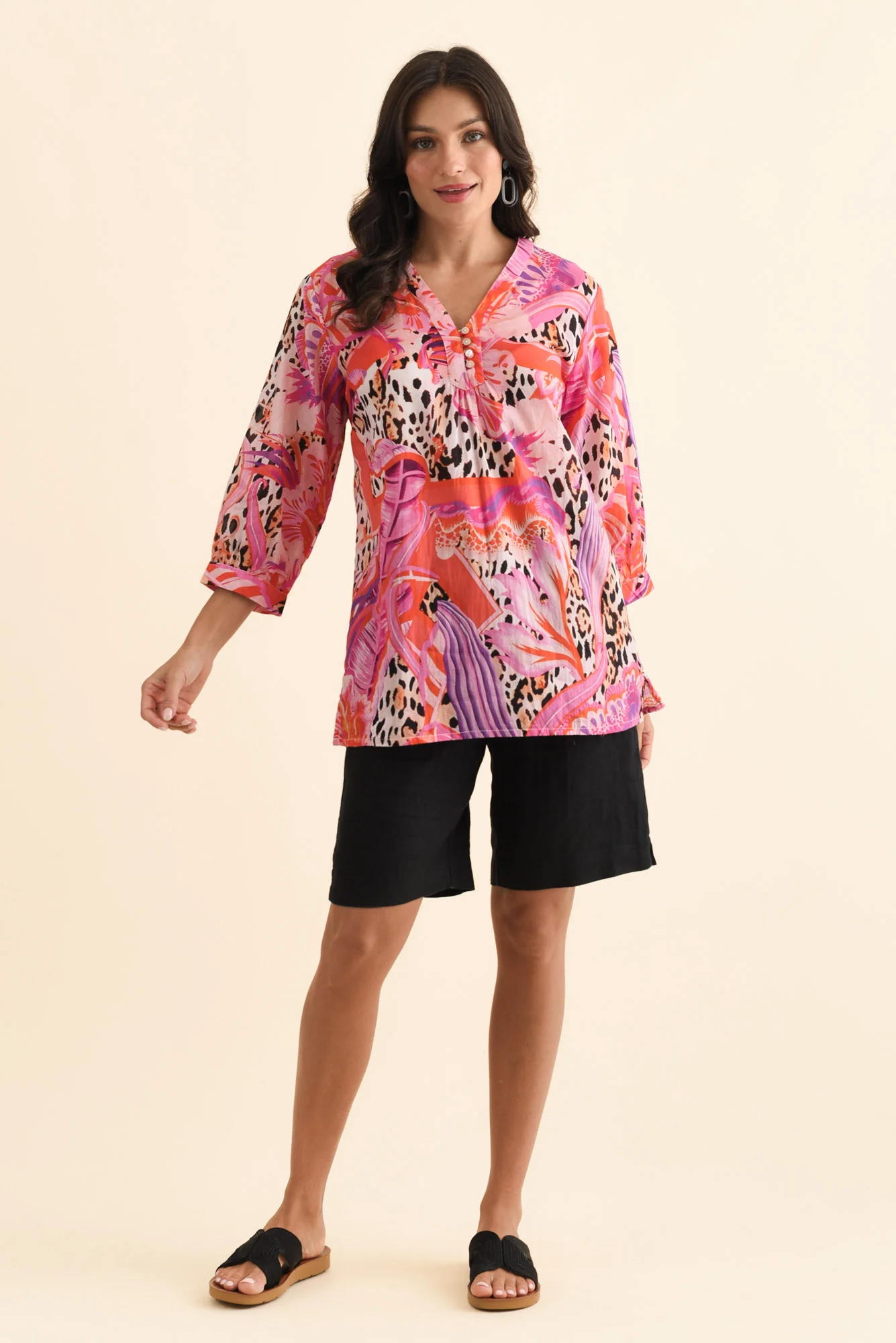 Derine Pink Leopard Cotton Button Top - Image 6