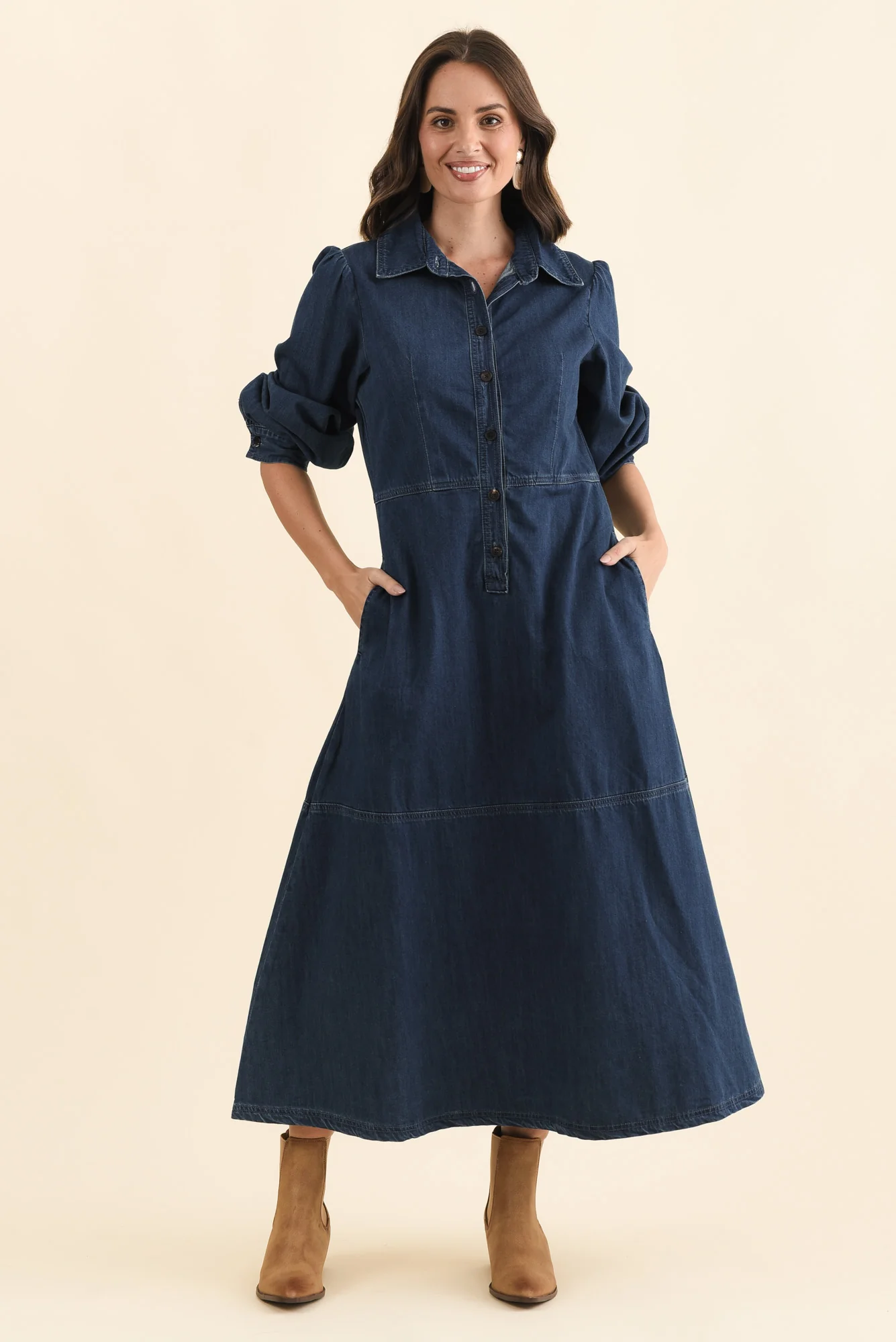 Detroit Dark Blue Denim Sleeved Dress - Image 3