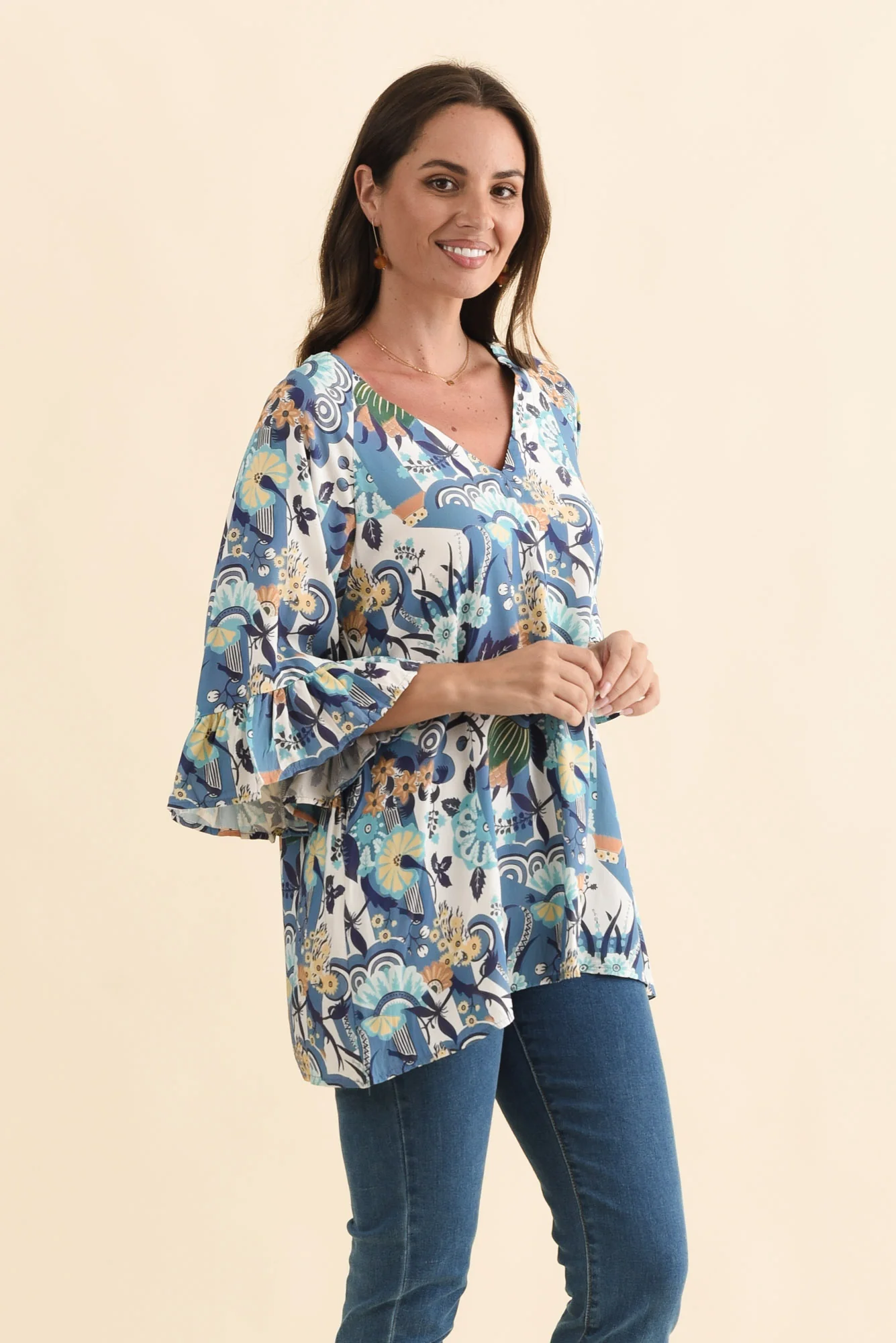 Diona Blue Floral Frill Sleeve Top - Image 3