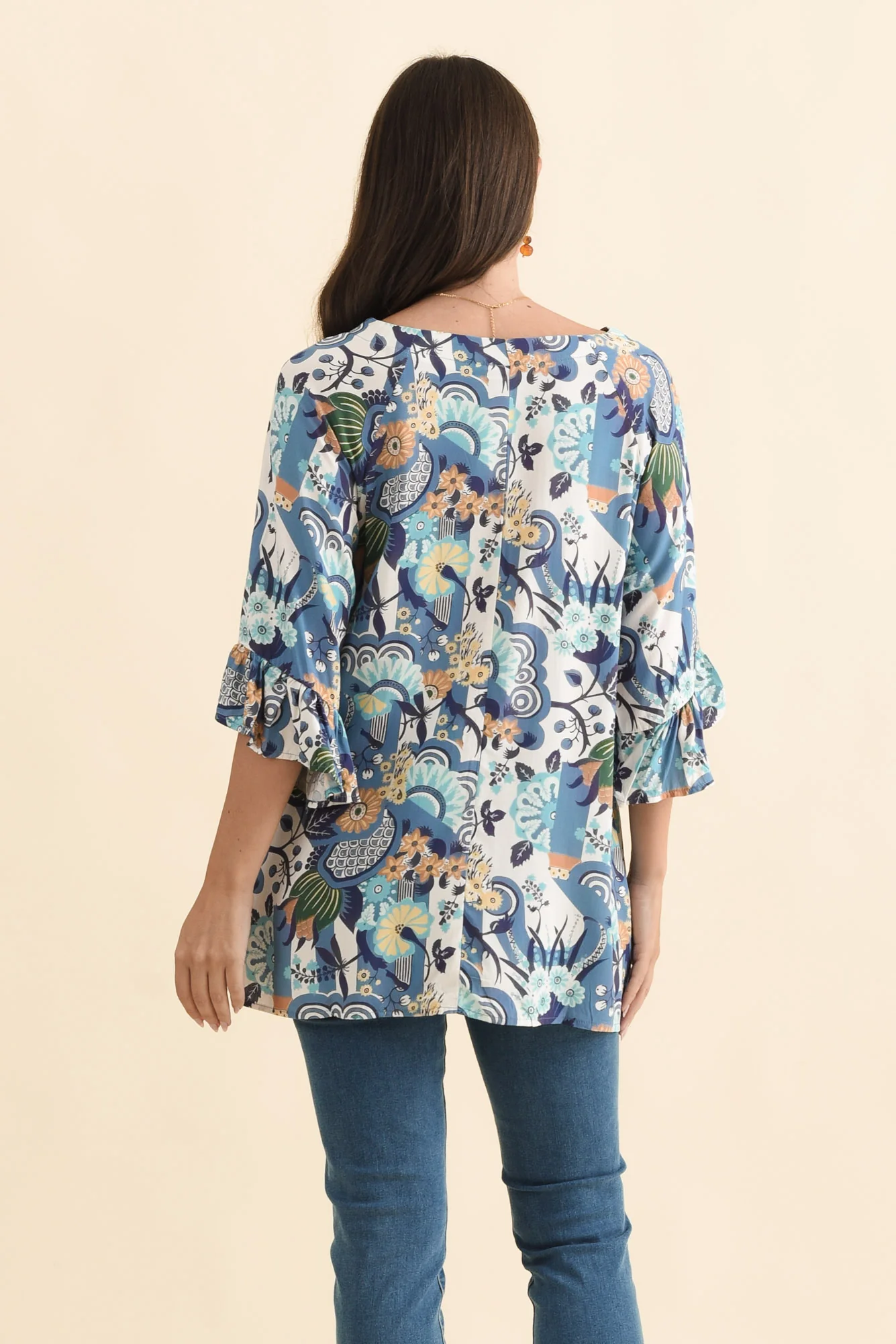 Diona Blue Floral Frill Sleeve Top - Image 4