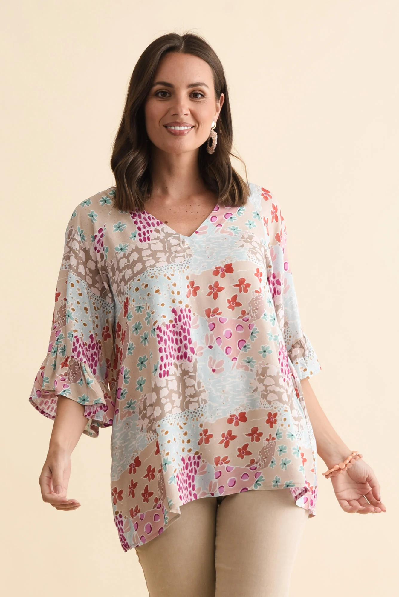Diona Blue Mosaic Frill Sleeve Top