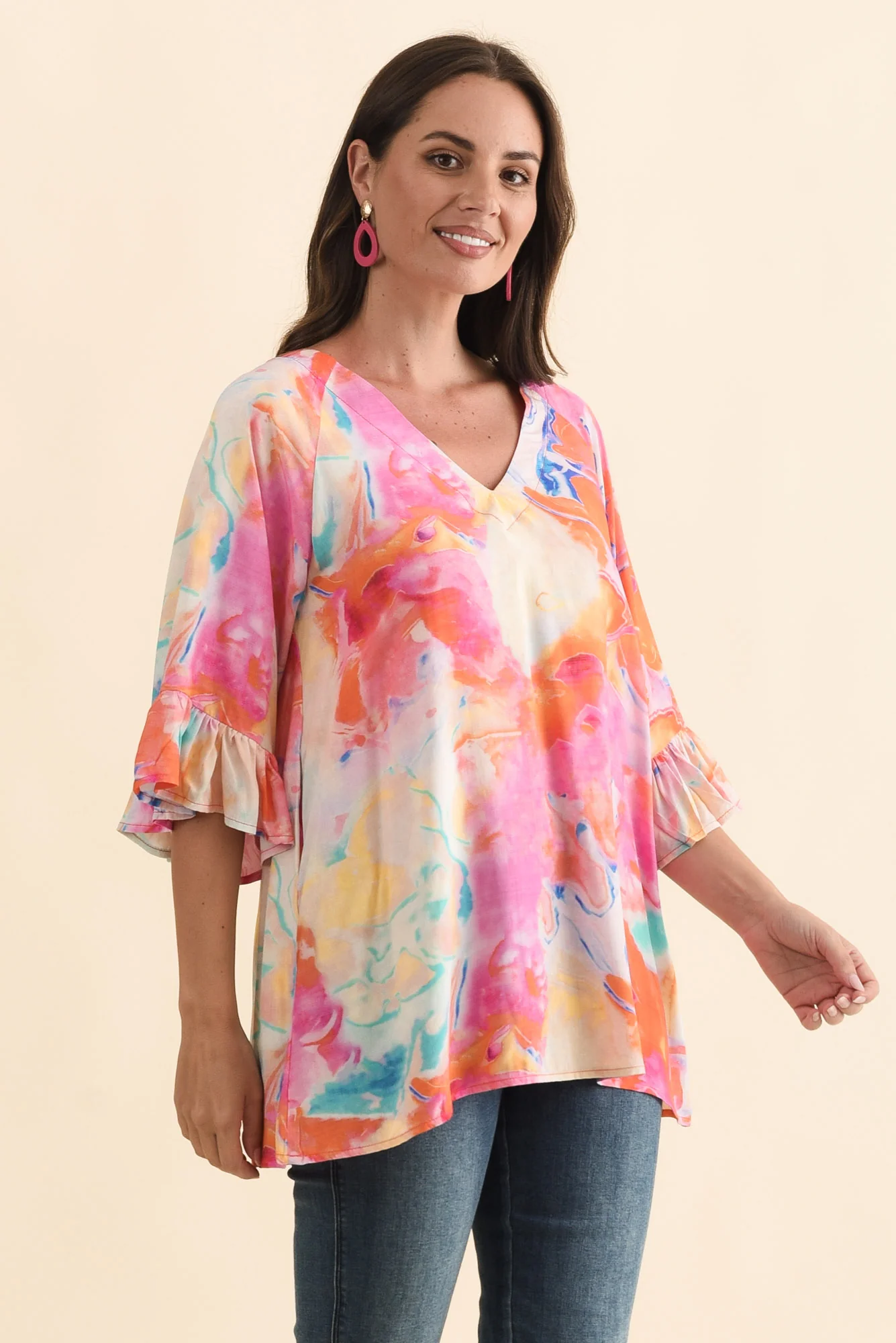 Diona Pink Watercolour Frill Sleeve Top - Image 3
