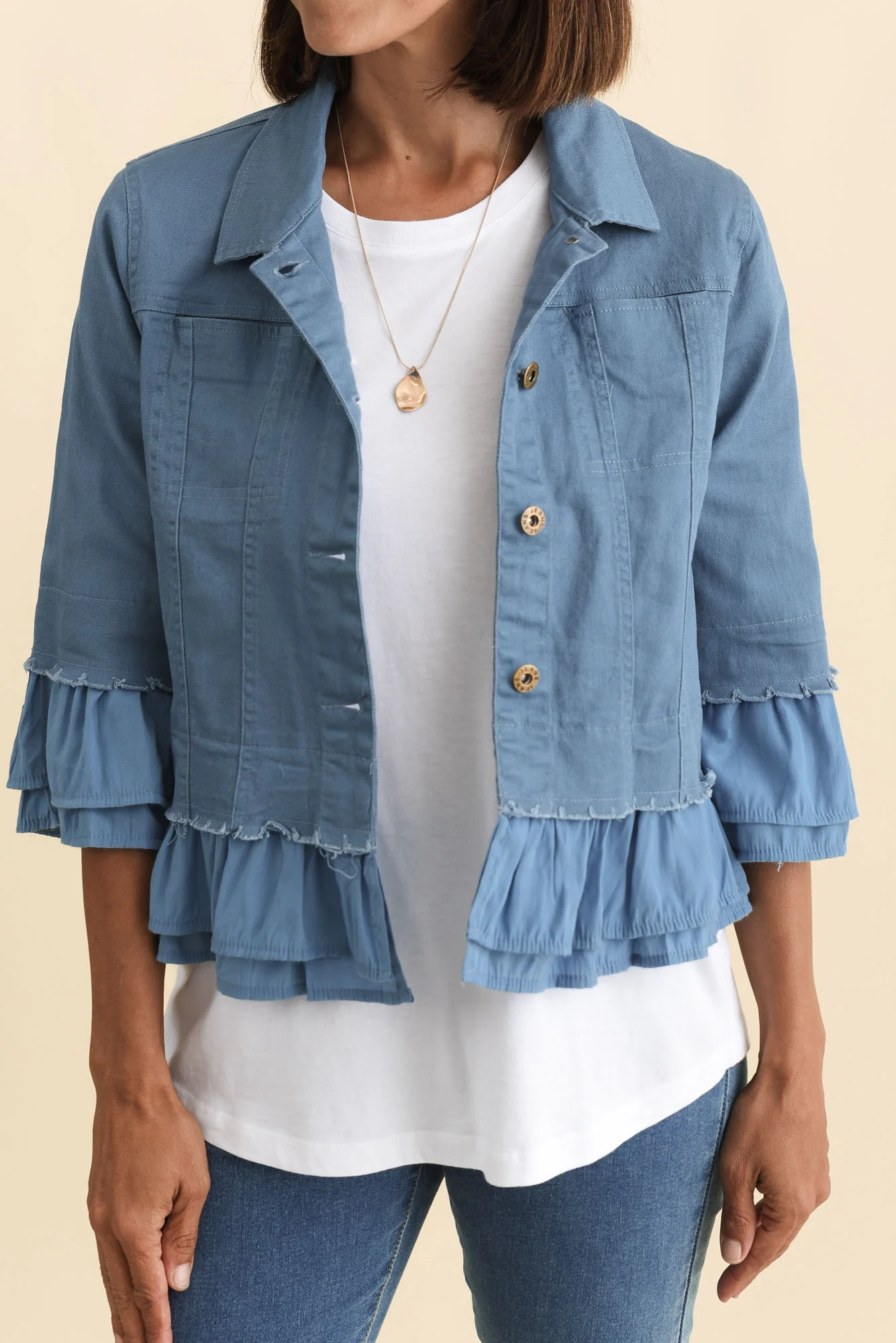 Dolores Blue Cotton Frill Jacket - Image 6
