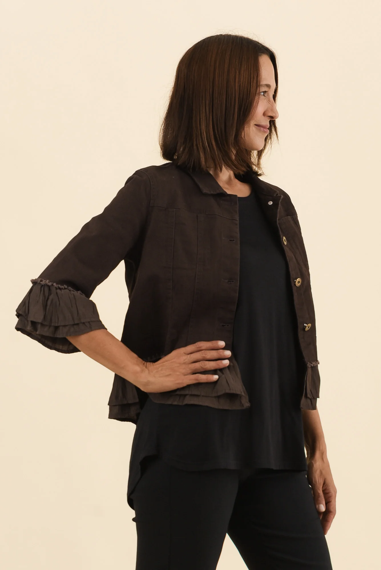 Dolores Chocolate Cotton Frill Jacket - Image 3