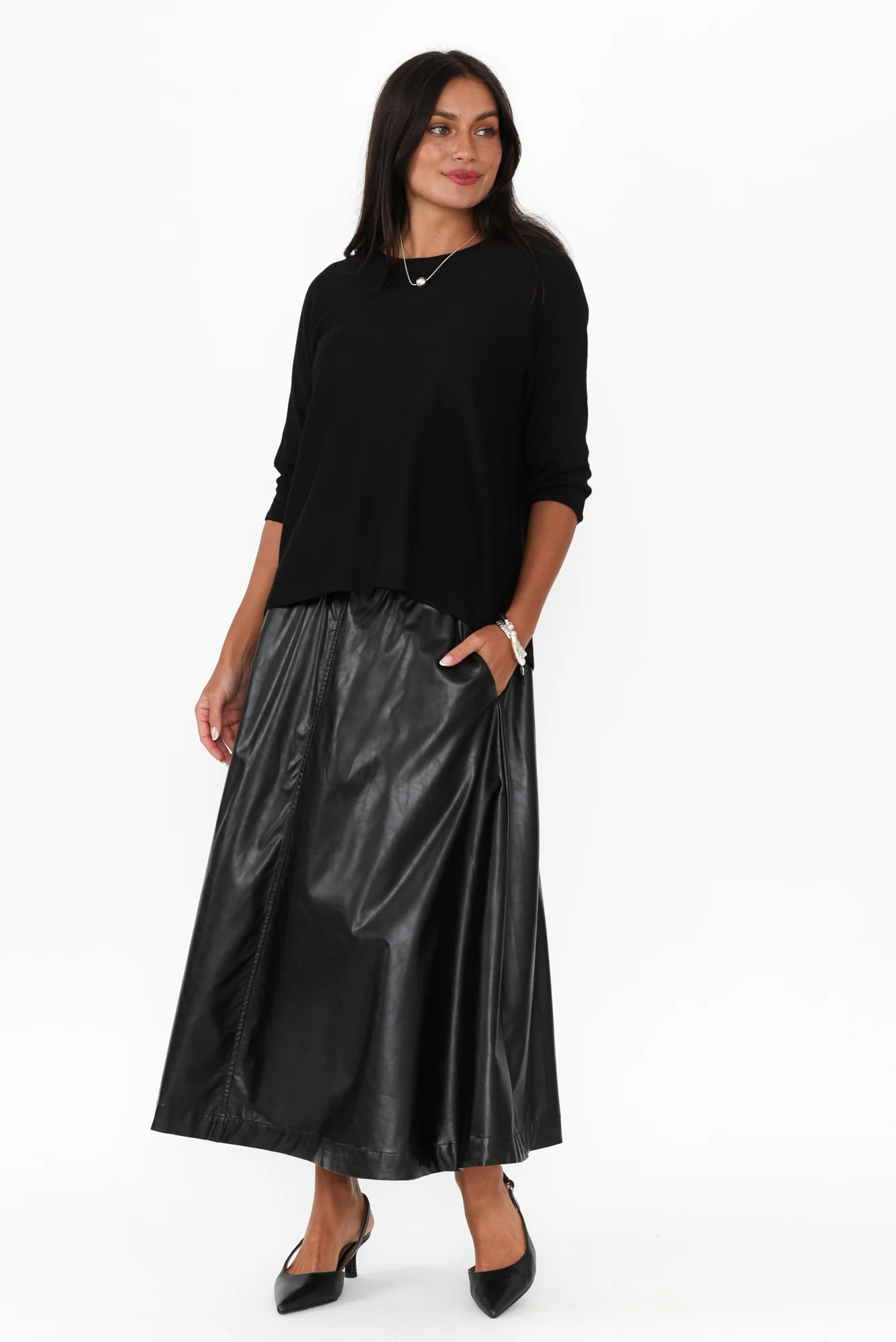 Donica Black Faux Leather Midi Skirt - Image 6