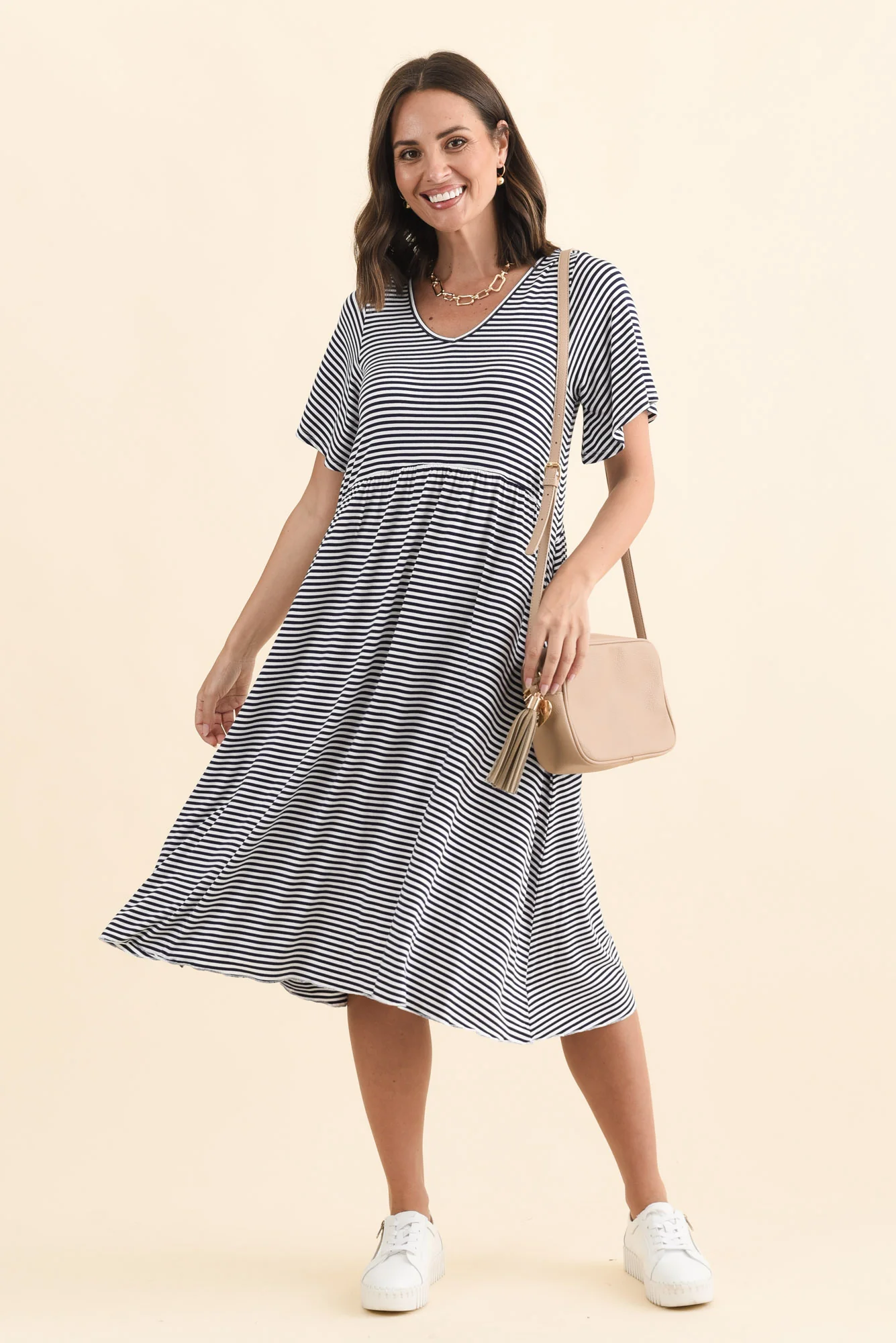 Donna Navy Stripe Gathered Dress - Image 2