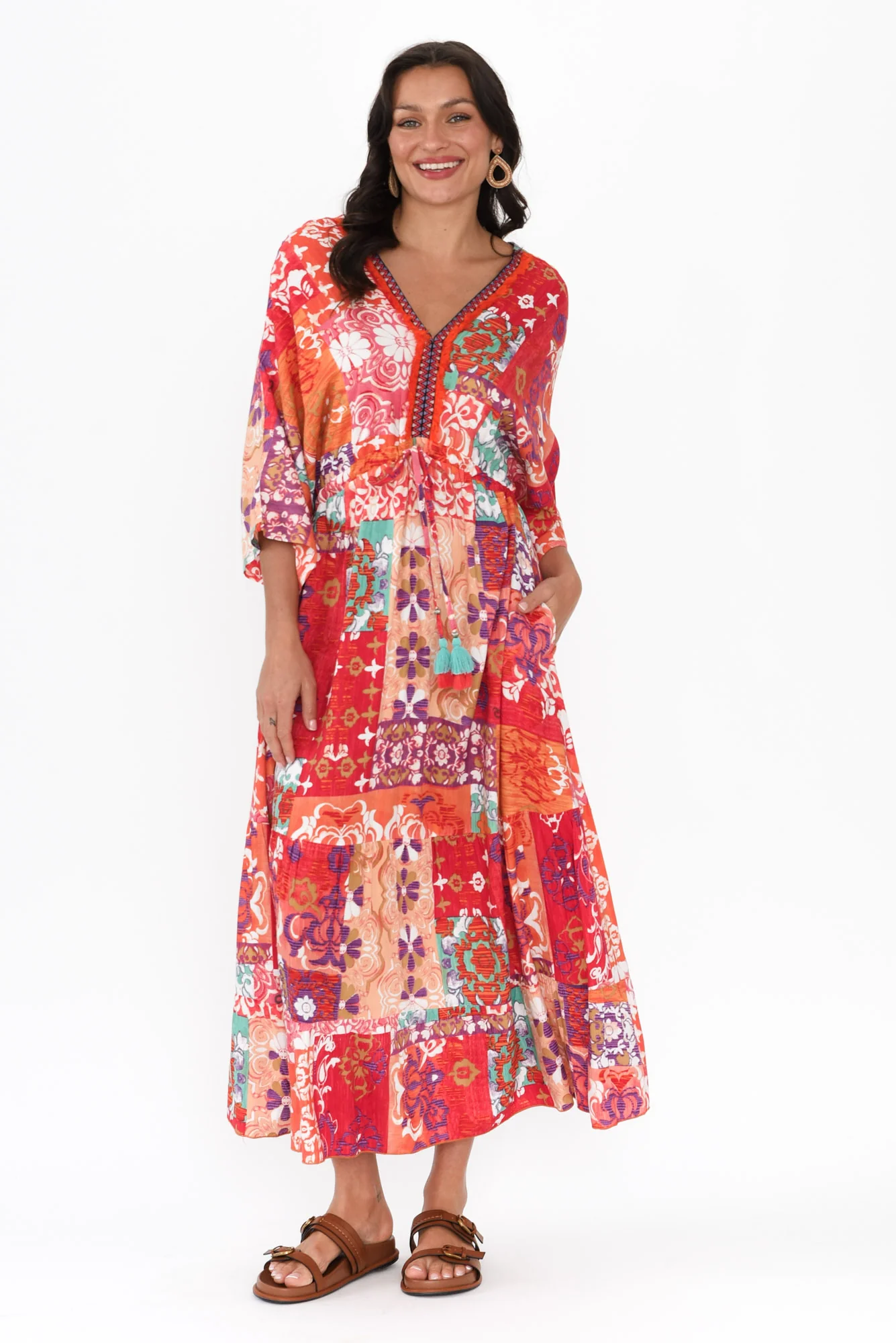 Dorothy Red Mosaic V Neck Dress - Image 3