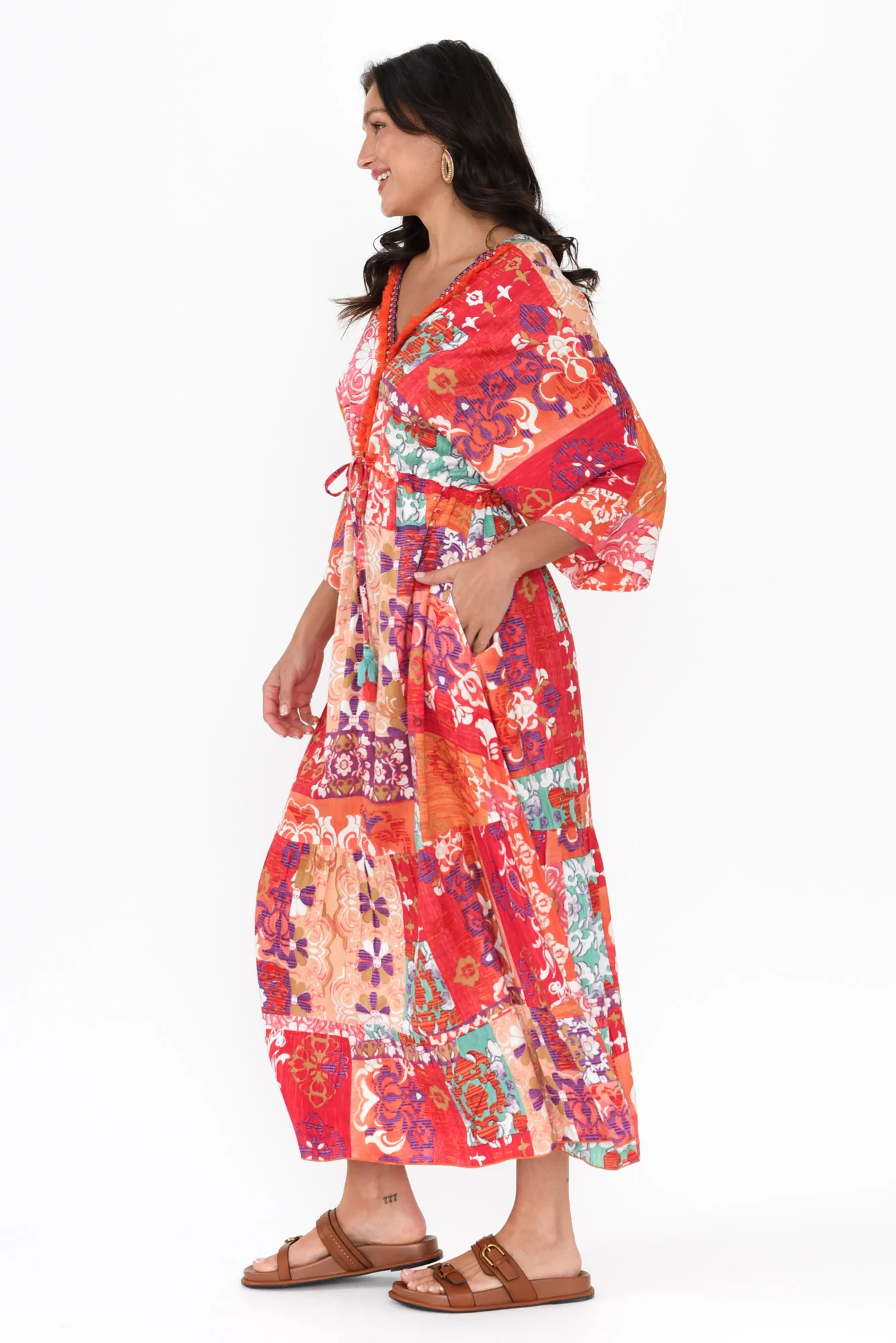 Dorothy Red Mosaic V Neck Dress - Image 4
