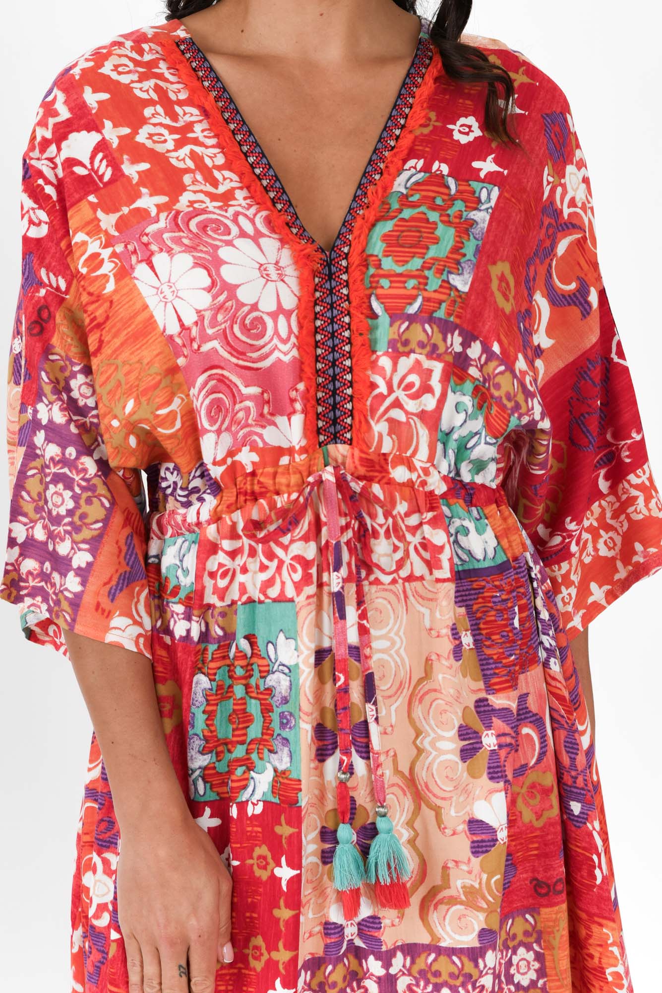 Dorothy Red Mosaic V Neck Dress - Image 6