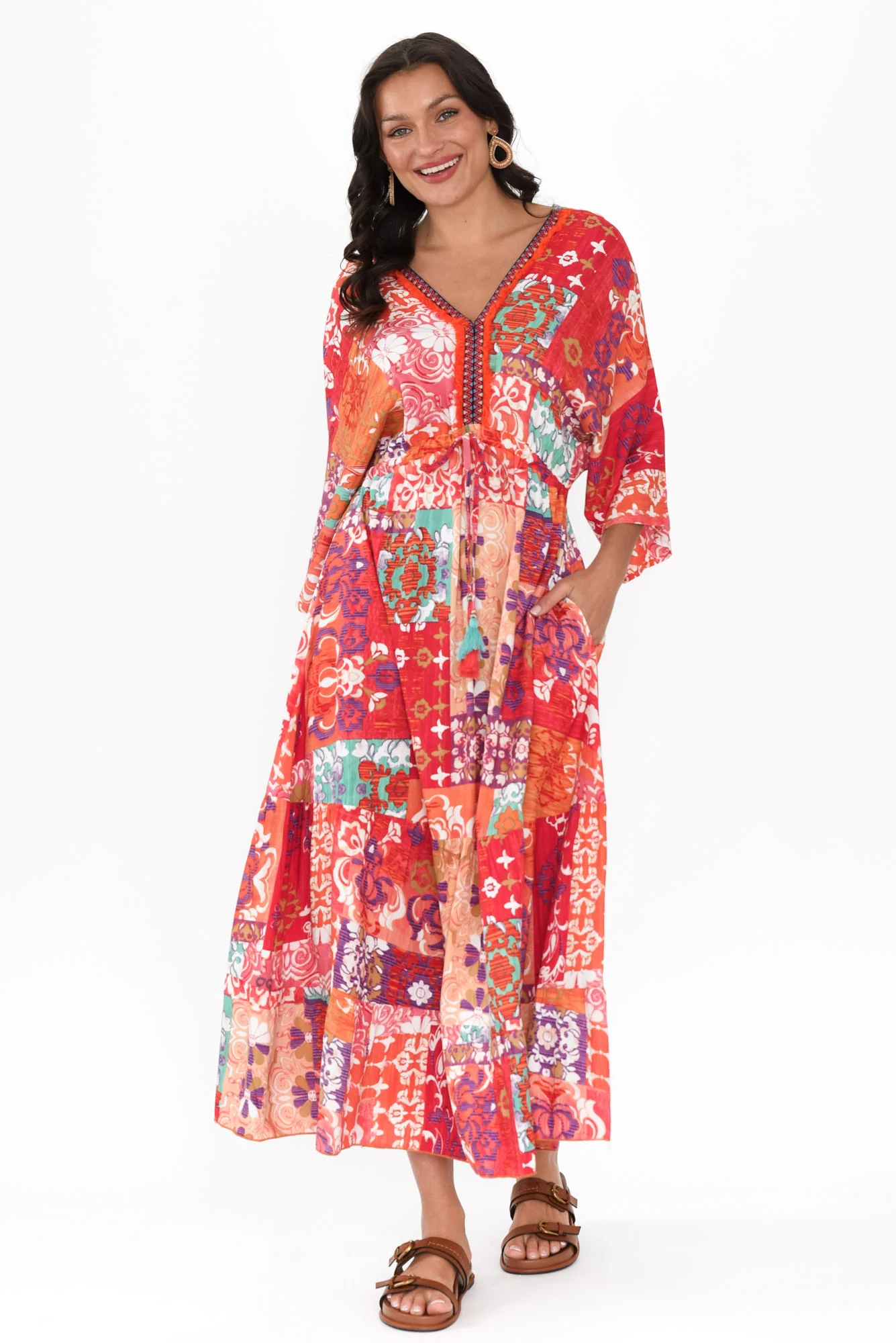 Dorothy Red Mosaic V Neck Dress - Image 7
