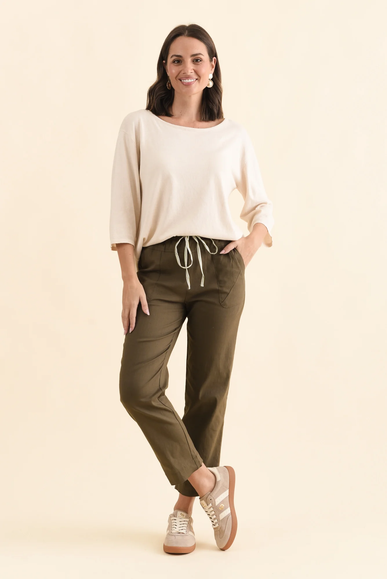Edia Khaki Linen Blend Pants - Image 7