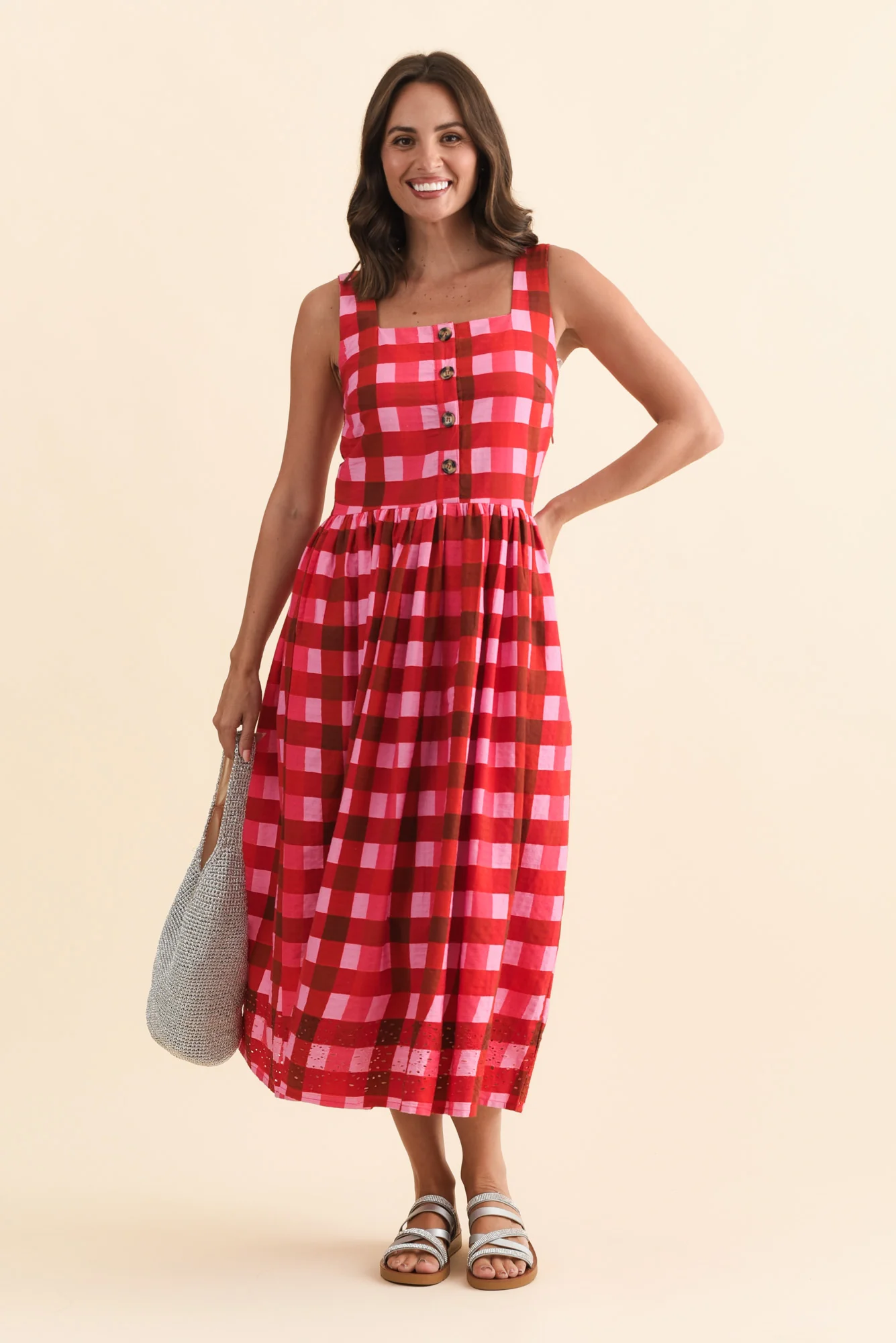 Edin Red Check Cotton Midi Dress