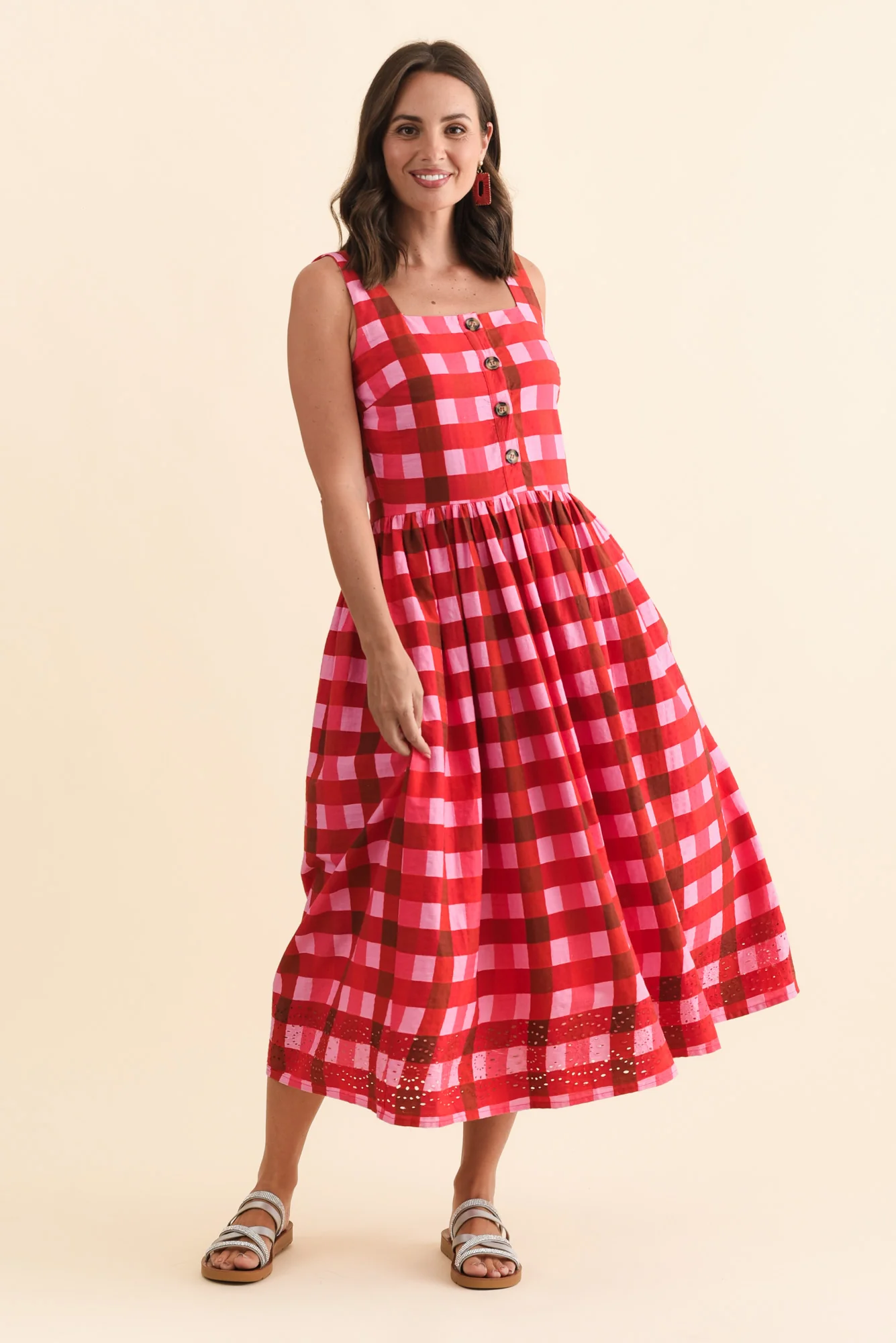 Edin Red Check Cotton Midi Dress - Image 2