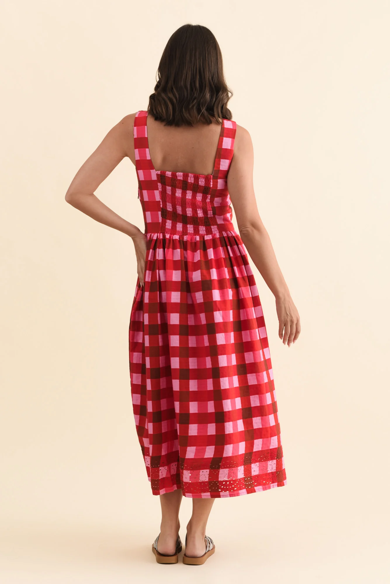 Edin Red Check Cotton Midi Dress - Image 4