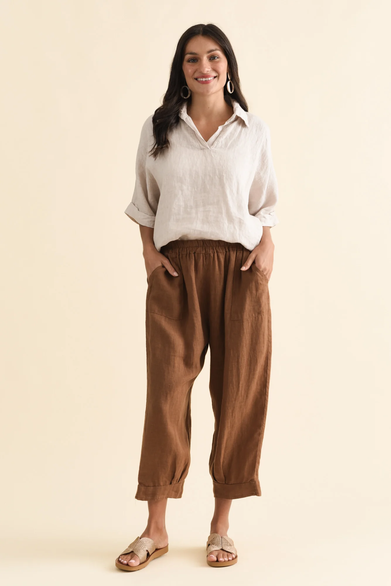 Elide Chocolate Linen Cropped Pants - Image 2