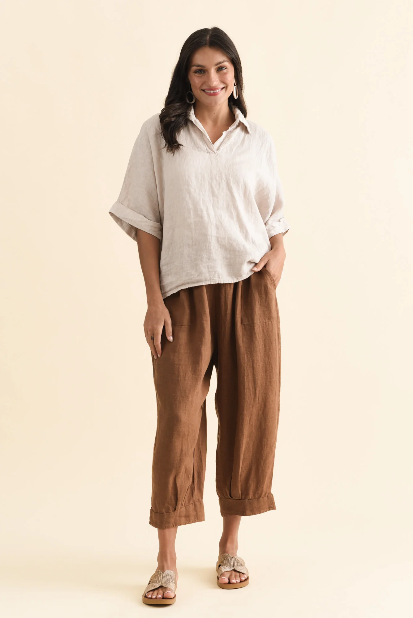 Elide Chocolate Linen Cropped Pants - Image 6