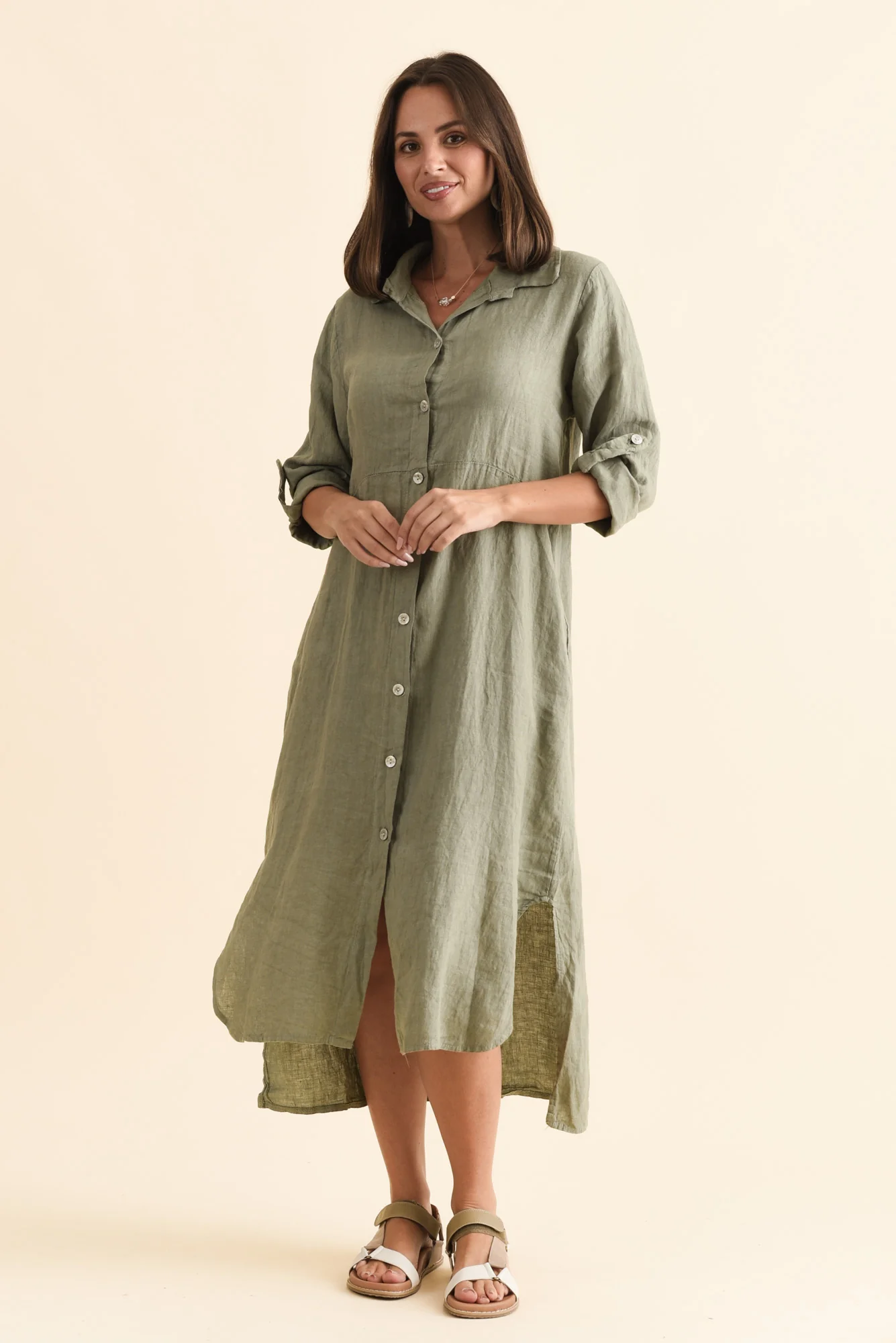 Elin Khaki Linen Shirt Dress - Image 2