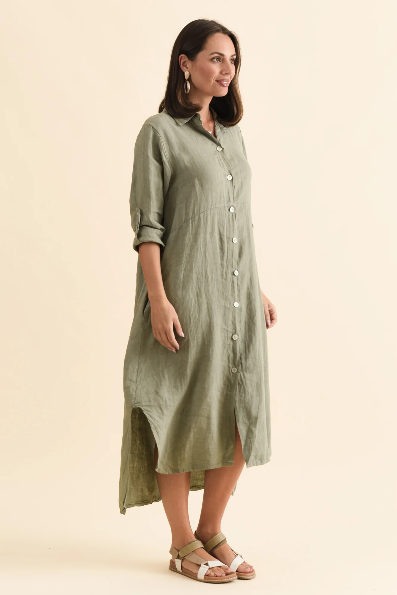 Elin Khaki Linen Shirt Dress - Image 3