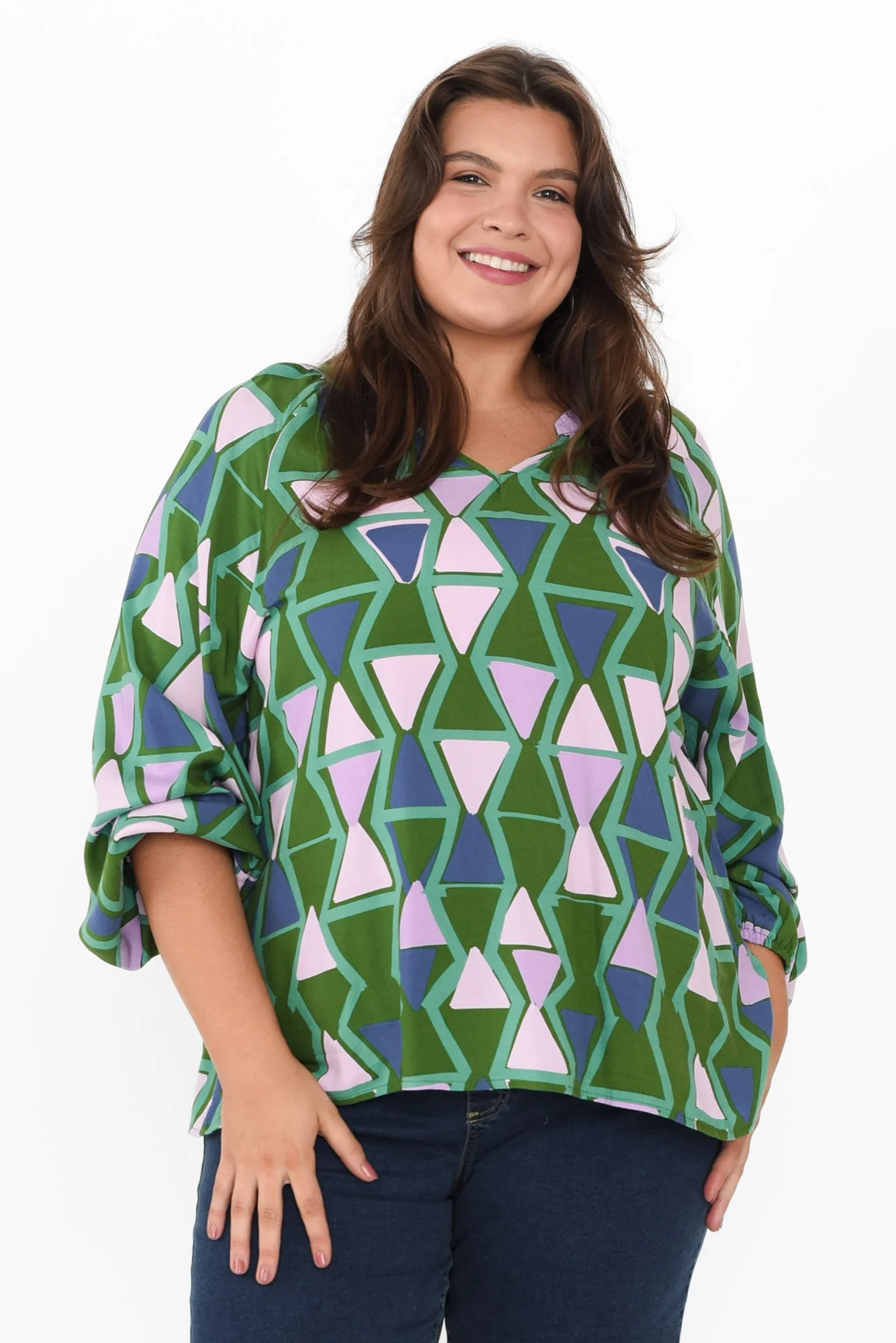 Else Green Geo Sleeved Top